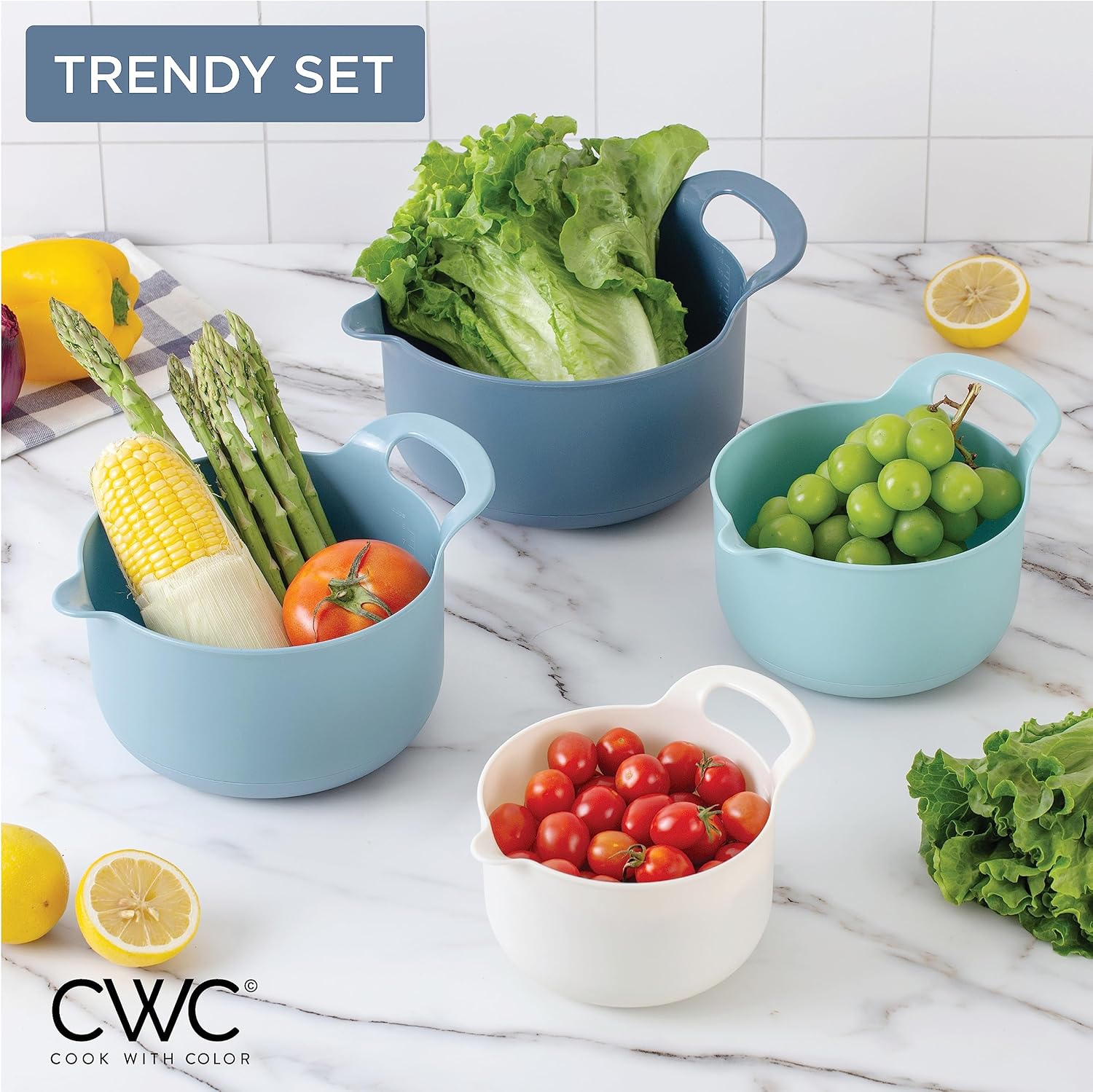 COOK WITH COLOR Nesting Plastic Mixing Bowl Set with Pour Spouts and Handles, Blue, 4 Piece Non-Slip