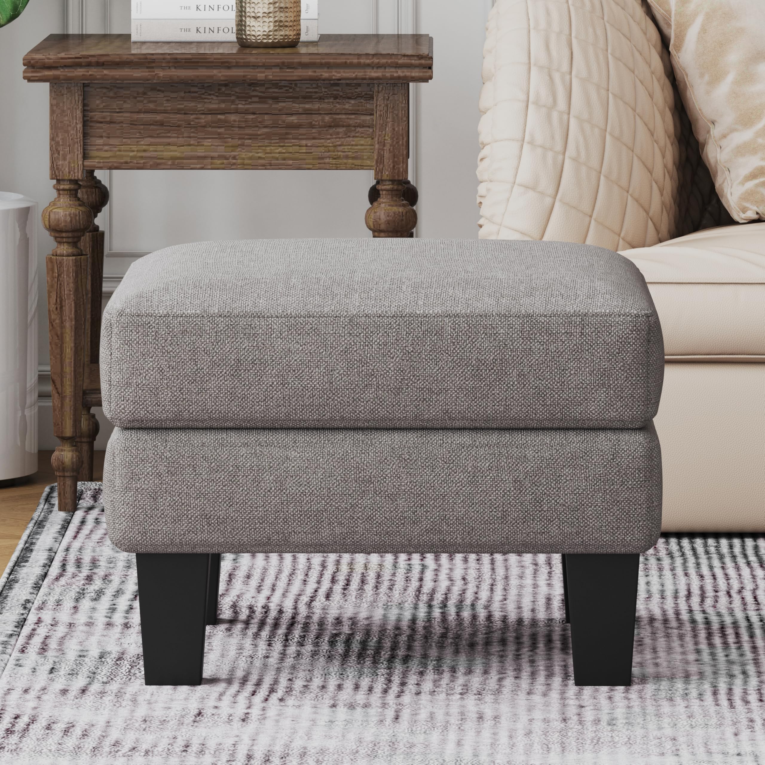 Ottoman Foot Rest, Small Foot Stool with Fabric Upholstery and Wood Legs, Cube Ottoman for Living Room,Light Grey