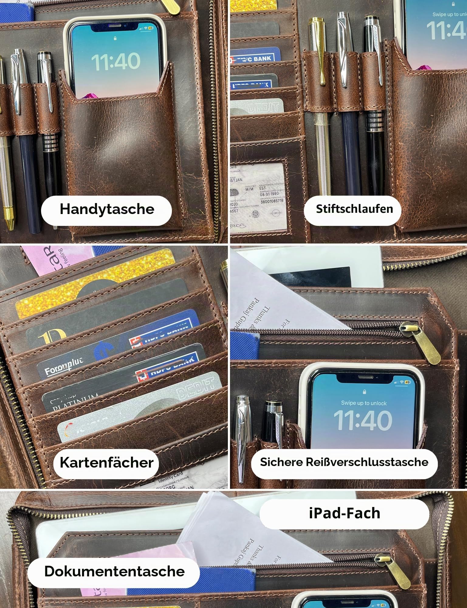 Schreibmappe A4 Leder Herren - Konferenzmappe mit Reißverschluss Business