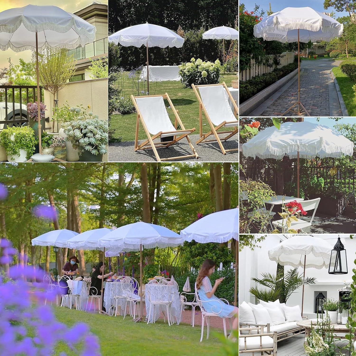 Garden Patio Umbrella Tassel Beach Parasol UV Protection Outdoor Sun Shade Umbrella White Courtyard Decorative Umbrellas Without Base With Tilting