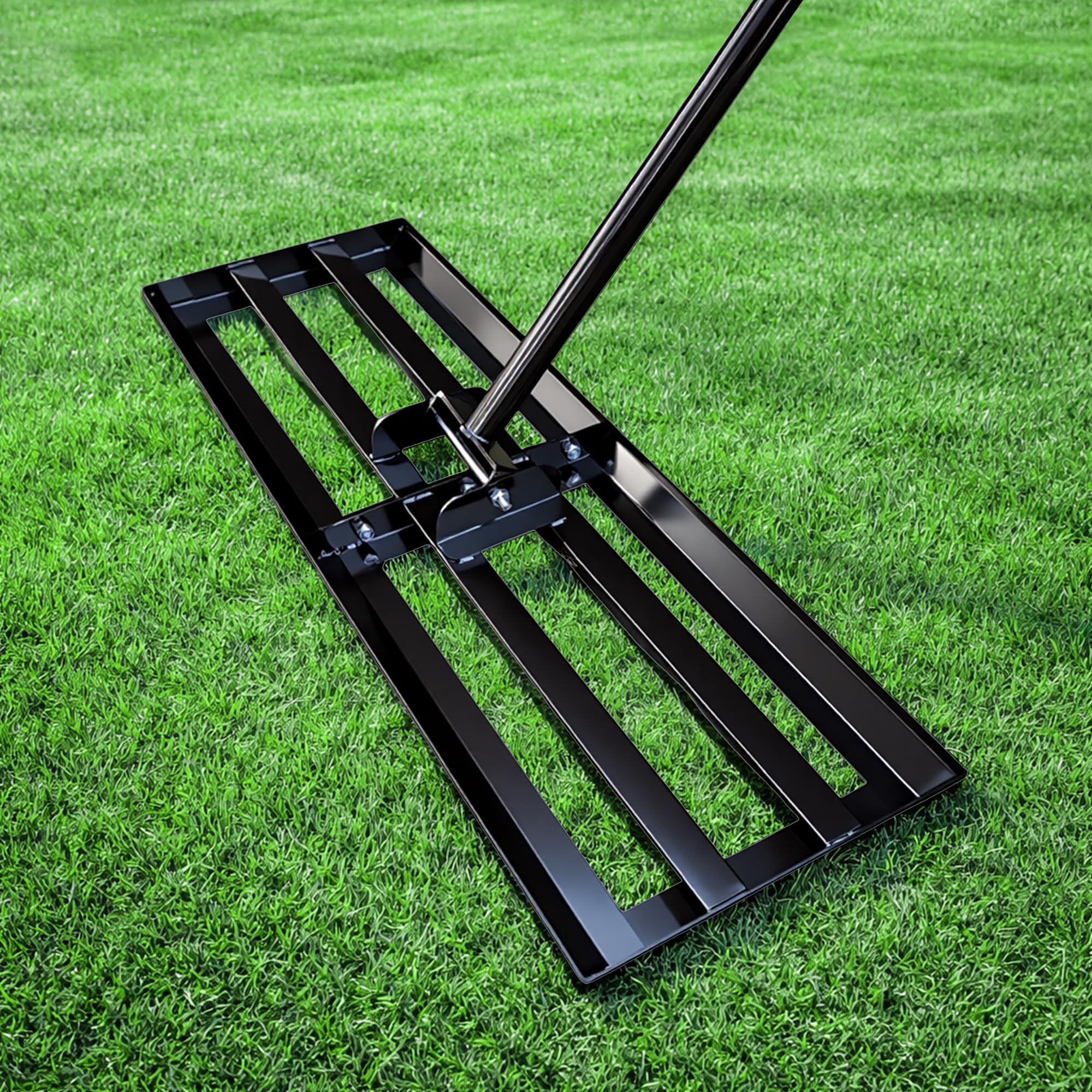 Rasen-Nivellierungsrechen 75x25 cm mit 2 m verstellbarem Stiel – Stabiler Rasenglätter & Nivellierrechen zum Rasen Einebnen, für Erde, Sand, Topdressing und Gartenpflege