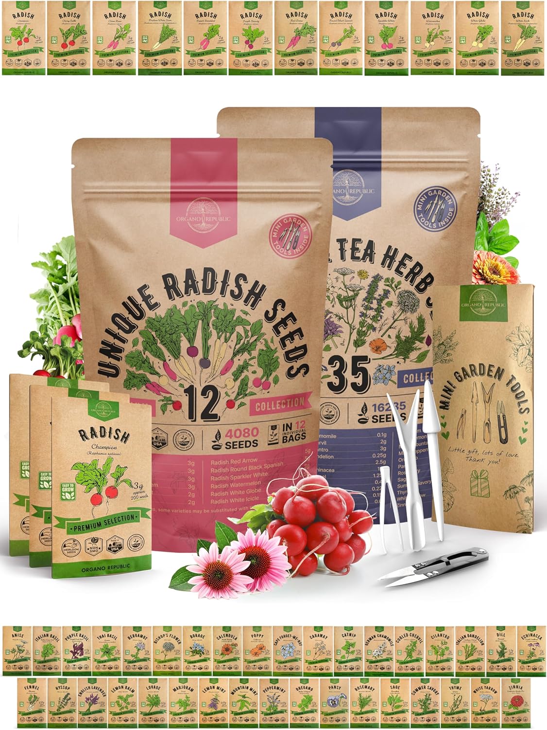 Organo Republic 12 Radish and 35 Medicinal & Tea Herb Seeds Variety Pack Bundle, 18,735+ Non-GMO Heirloom Garden Seeds for Planting Radishes and Herbs for Indoor & Outdoor Gardening