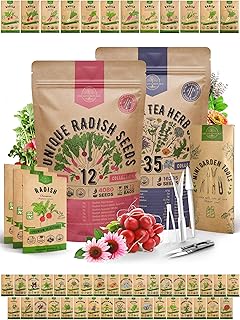 Organo Republic 12 Radish and 35 Medicinal & Tea Herb Seeds Variety Pack Bundle, 18,735+ Non-GMO Heirloom Garden Seeds for Planting Radishes and Herbs for Indoor & Outdoor Gardening