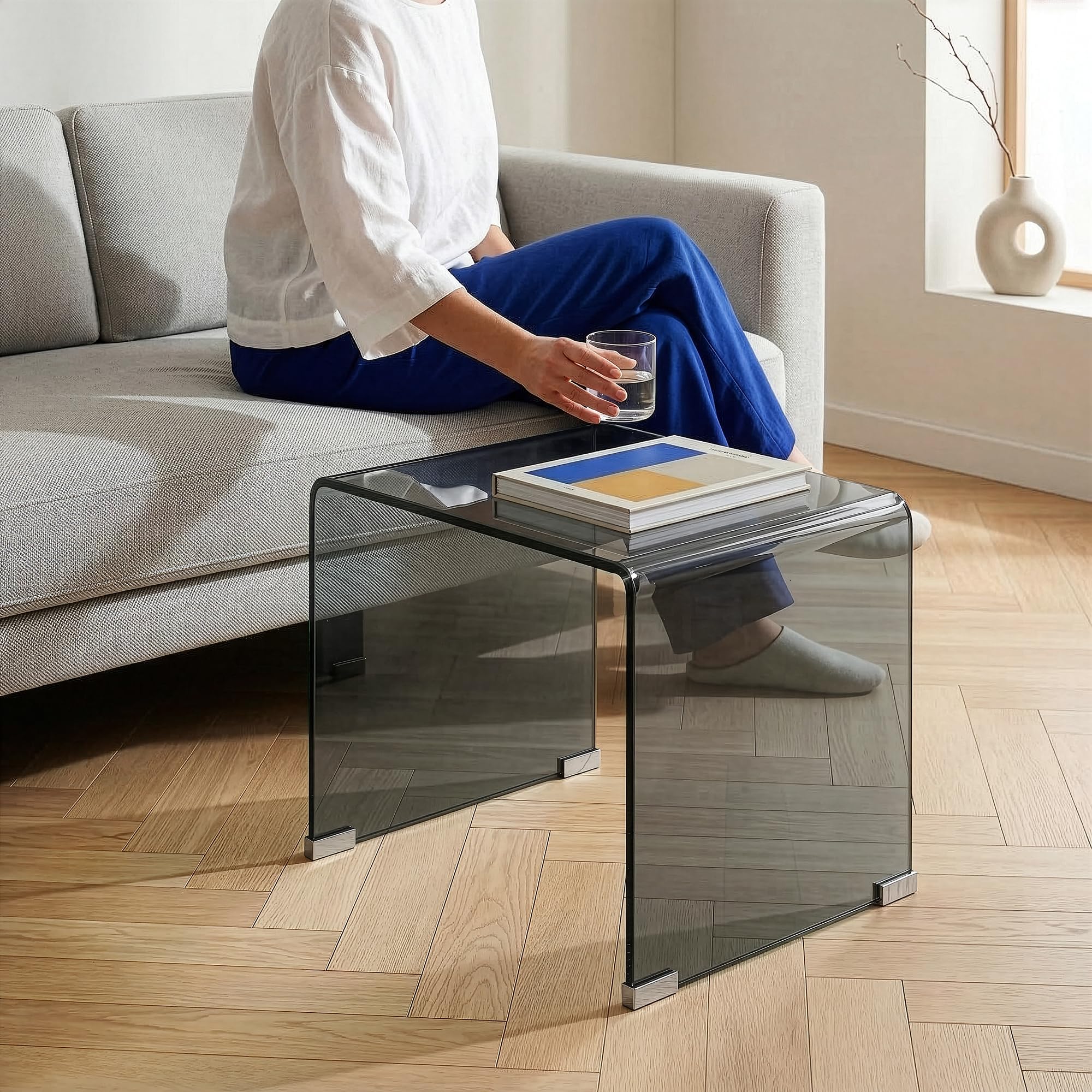 [en.casa] Beistelltisch Varlofrek Grau Glas 50 x 50 x 50 cm Wohnzimmer Glastisch Couchtisch Nachttisch für Schlafzimmer