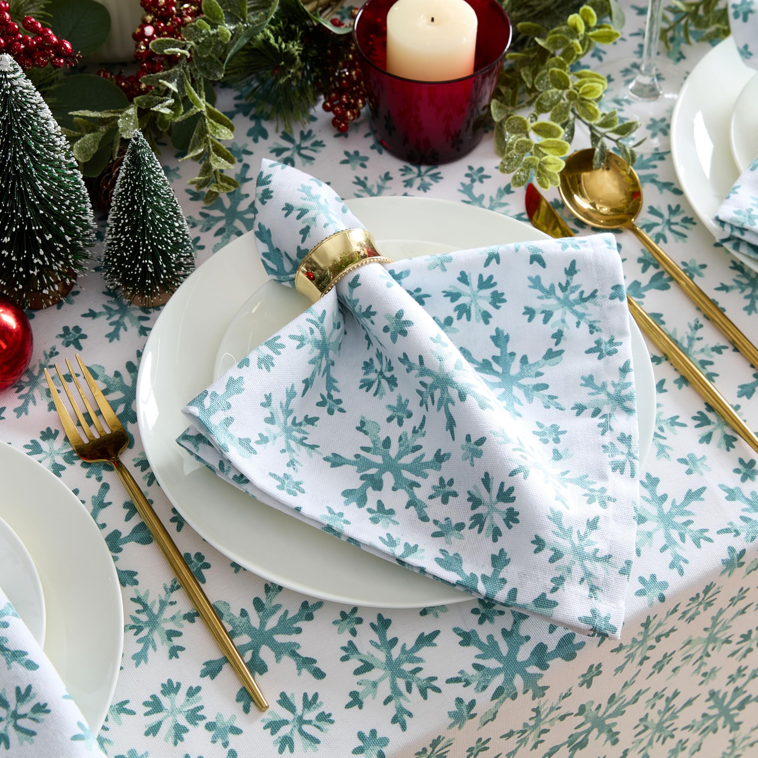 Lintex Mantel de tela de algodón con copos de nieve azul congelado, azul y blanco, mantel de algodón de fácil cuidado, 152 x 213 cm, oblongo/rectangular
