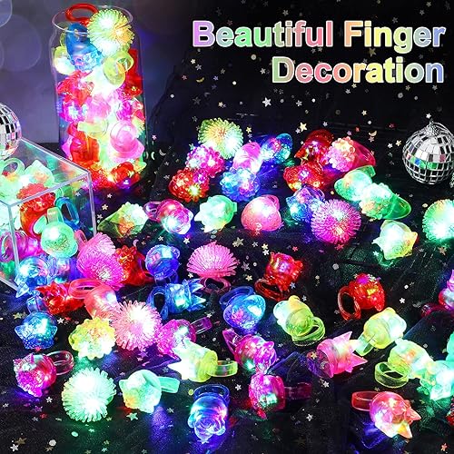 Miniatura 5 de Vinsot 108 anillos iluminados para fiestas, con luces LED intermitentes, brillantes en la oscuridad, luz de goma parpadeante de neón, regalo para