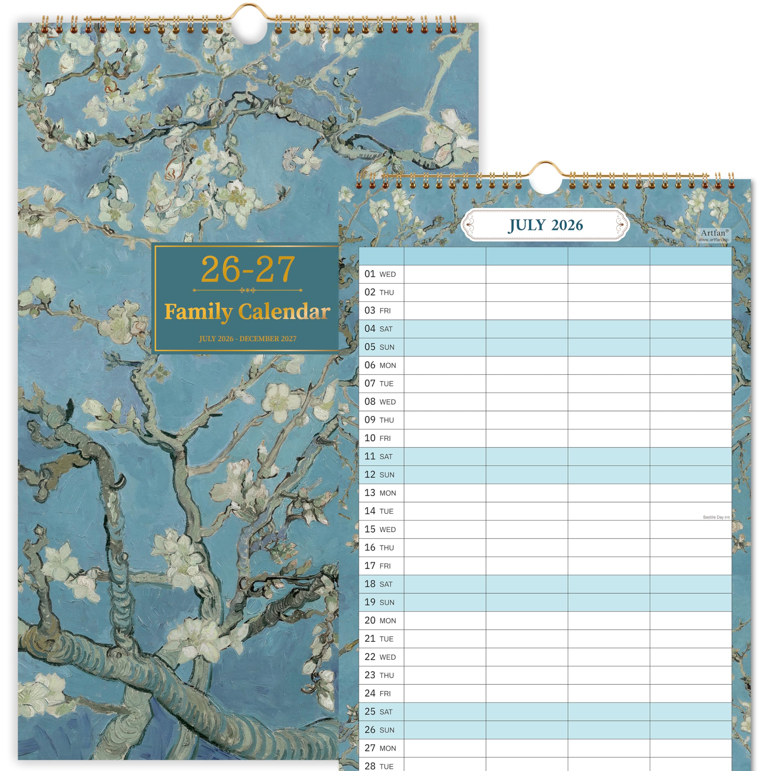 Family Calendar 2026-2027 for Organisation & Scheduling Home Office Shaded Weekend, Back Pocket, Holiday Reminder - Wall 2026-2027 Month View Planner Twin-Wire Large Blocks, Note - Blue - 38cmx23.5cm