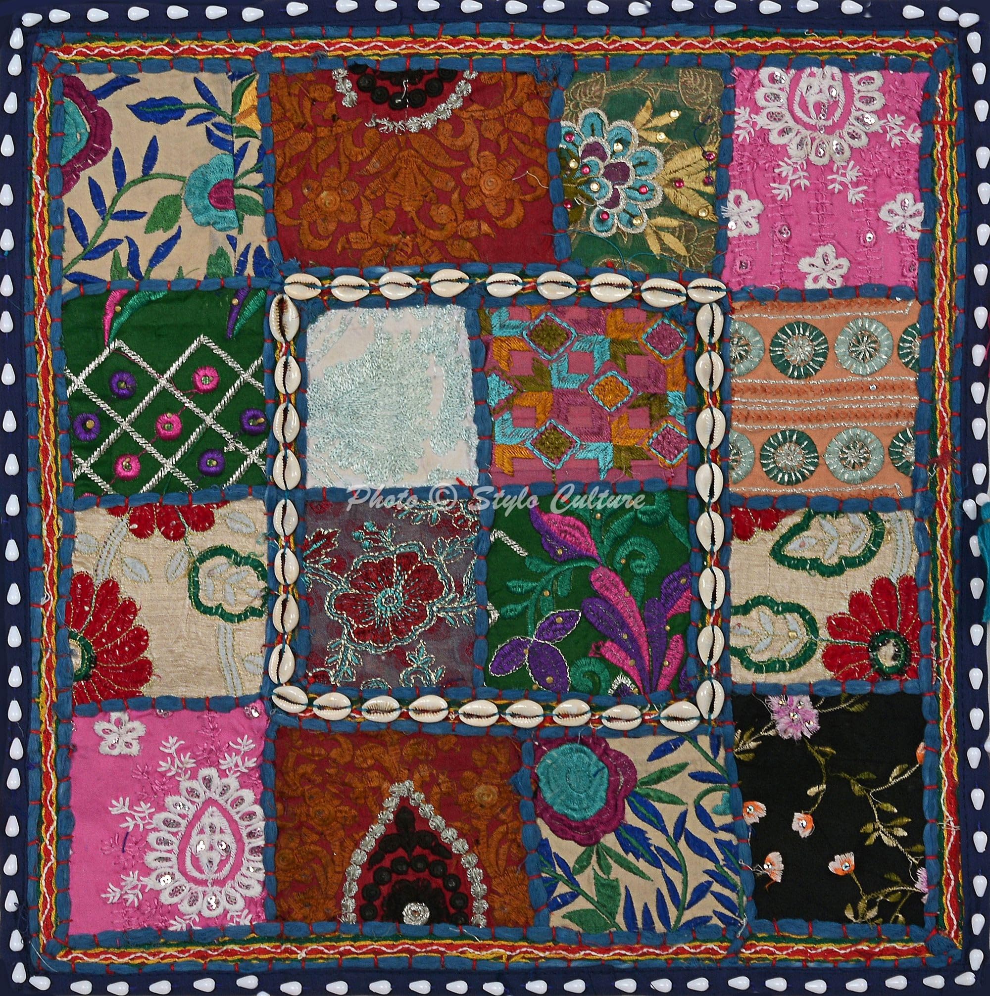 Ethnisch Dekorativ Baumwolle Couch Kissenbezüge 40x40 cm Dunkelblau Dekokissen Gesticktes Patchwork Schlafzimmer Sofa Kissen Bezüge Blumen Quadrat Kissenhullen - 4 STK.
