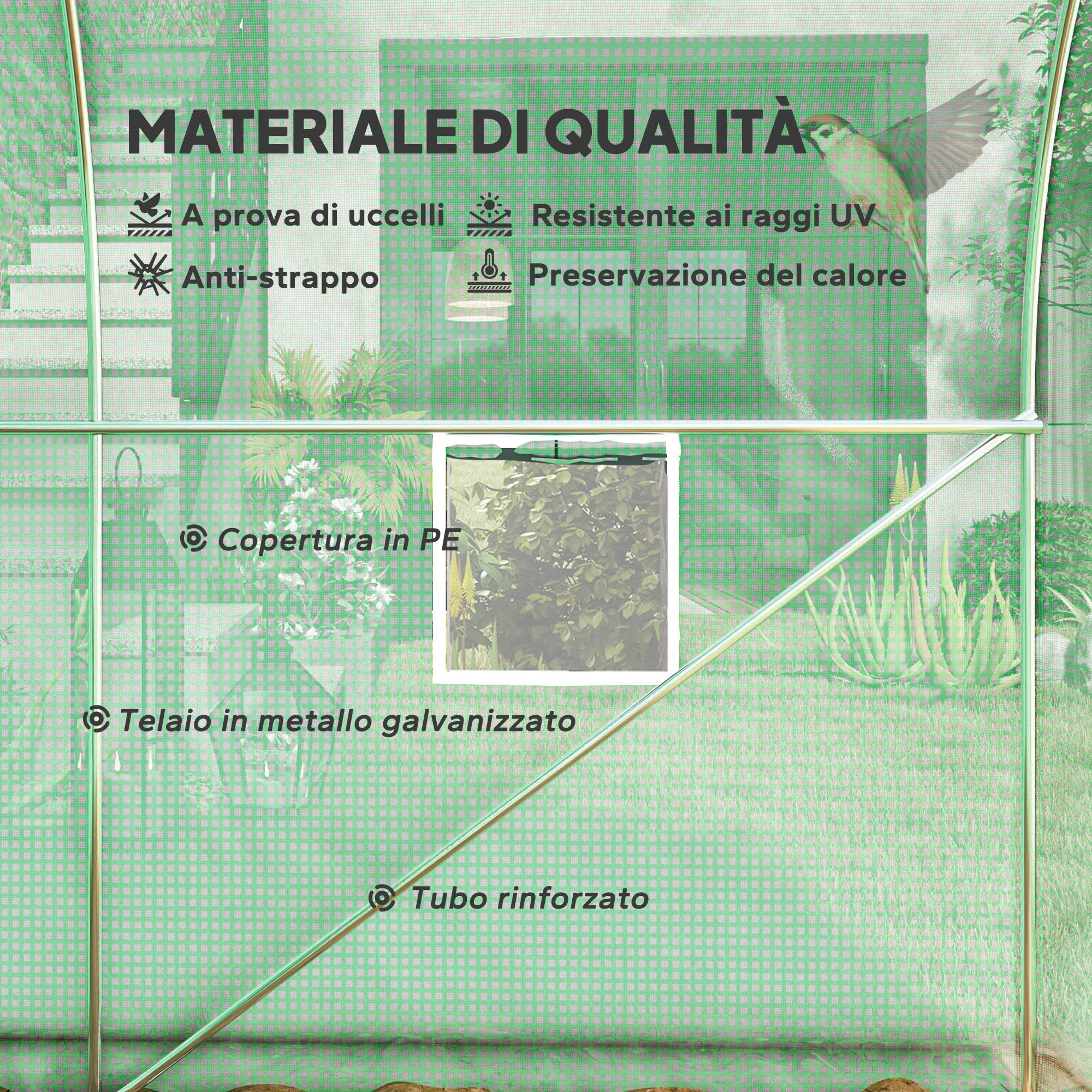 Outsunny Serra da Giardino a Tunnel 4x2x2 m con Porte Avvolgibili e 6 Finestre, Serra per Orto con Tetto a Spiovente, Struttura in Metallo e Copertura PE, per Orto Verdure Fiori Frutta, Verde