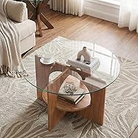 YITAHOME Round 2-Tier Glass Coffee Table with Storage Shelf - Modern Walnut Center Table for Living Room, Office, Lounge