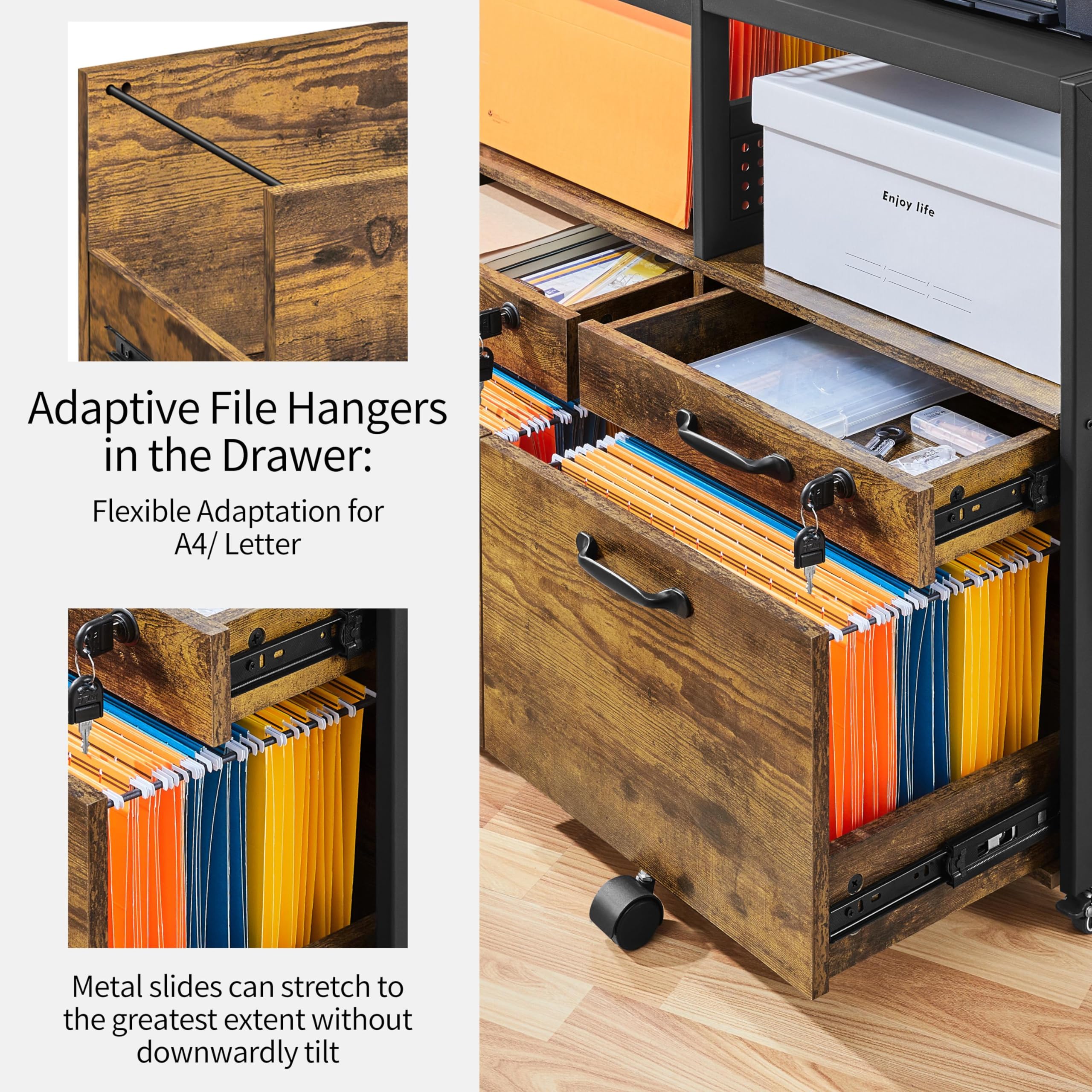 Yaheetech Archivador Móvil con 4 Cajones Cajonera Móvil con Ruedas Compartimento Abierto 82,5x40x69 cm Cajonera Escritorio para Documentos A4 Archivador de Oficina con Ganchos Laterales