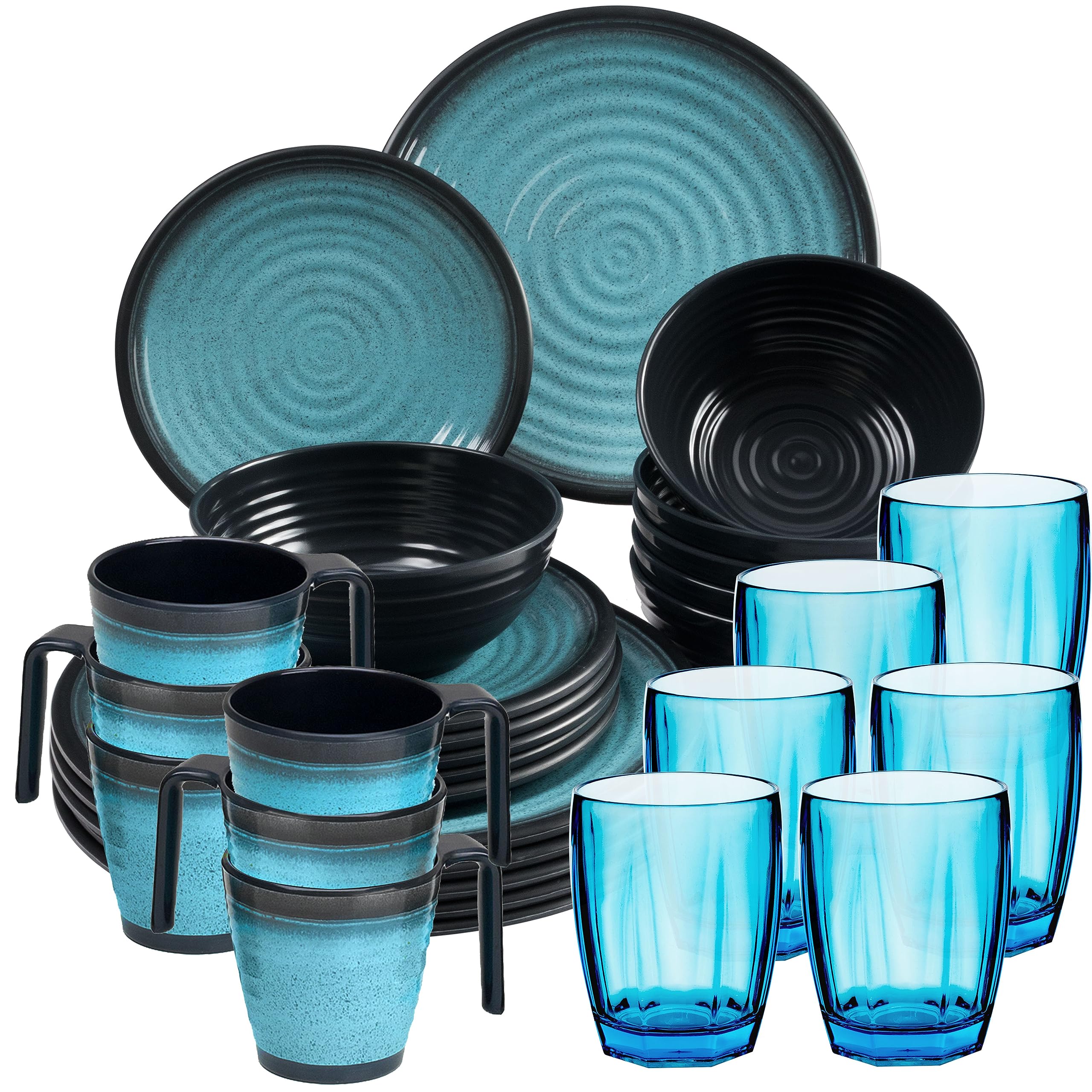 Melamin Geschirr Set 30 Teile elegante Steingut Optik blau Tassen 320ml 6