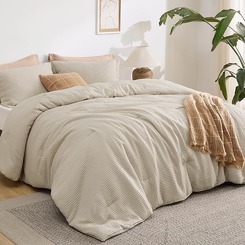Bedsure Waffle Comforter Set Full, Soft and Breathable Linen Bedding Comforter Set, 3 Pieces, 1 Waffle Weave Comforter (82"x86") and 2 Pillow Shams (20"x26"+2")
