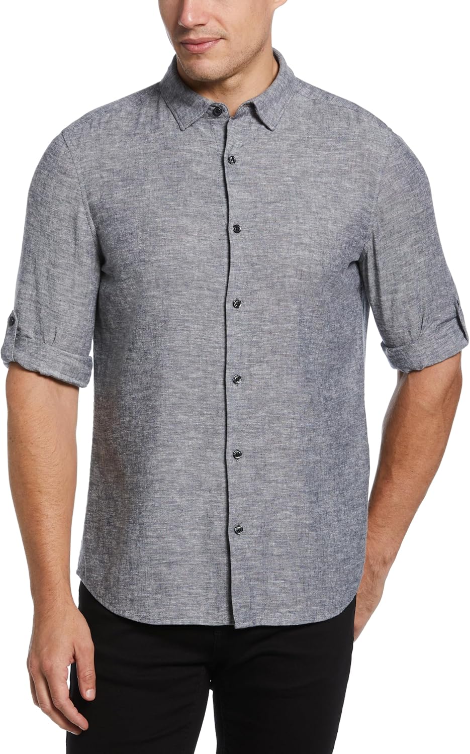 Perry Ellis Mens Untucked Slim Fit Linen Blend Rolled-Sleeve Stripe Shirt with Stand Collar and Striped Detail
