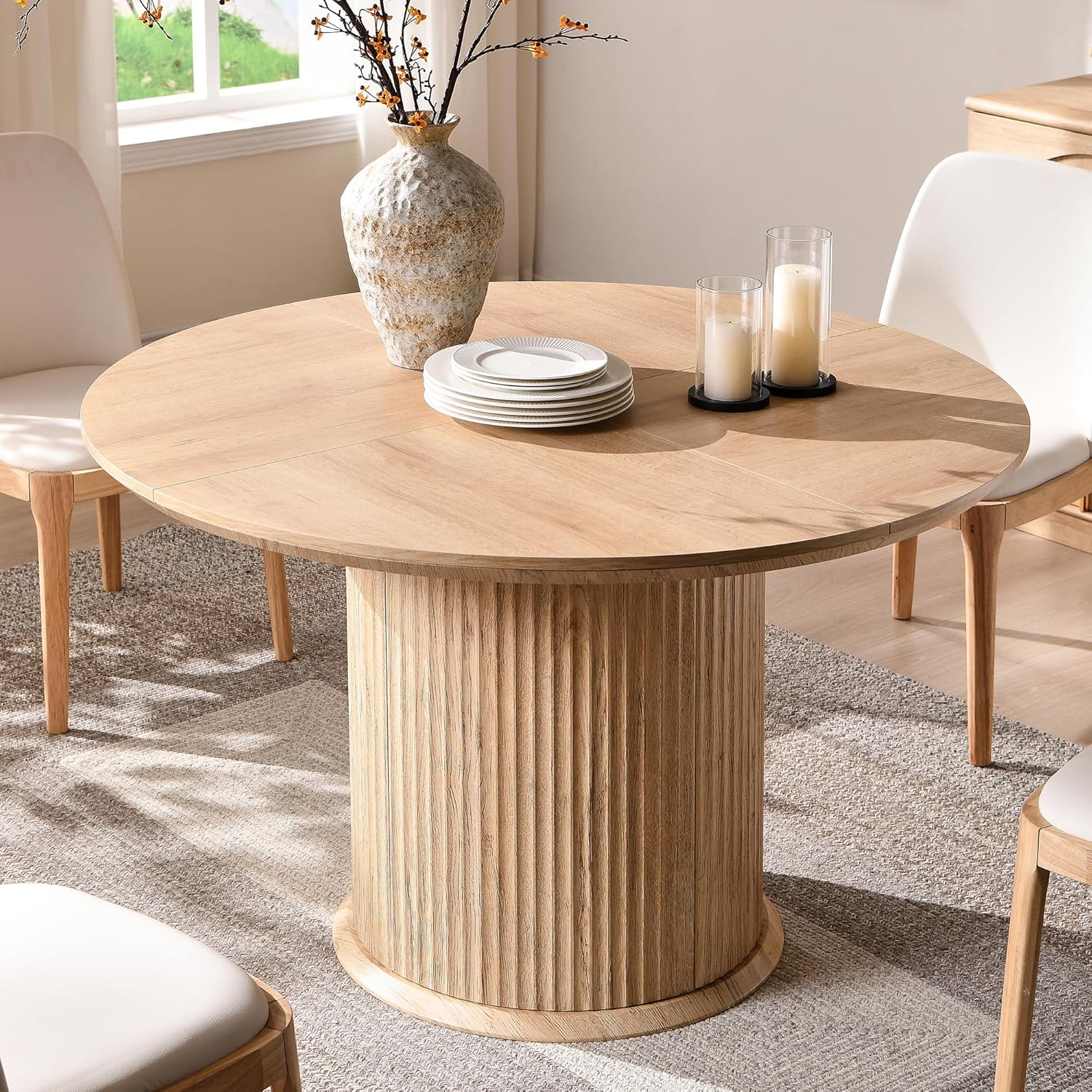 T4TREAM 47" Fluted Round Dining Table for 4-6, Mid-Century Modern Kitchen Table with Thickened Edge & Cylindrical Base for Dining Room, Kitchen, Living Room,Natural Oak(Table Only)