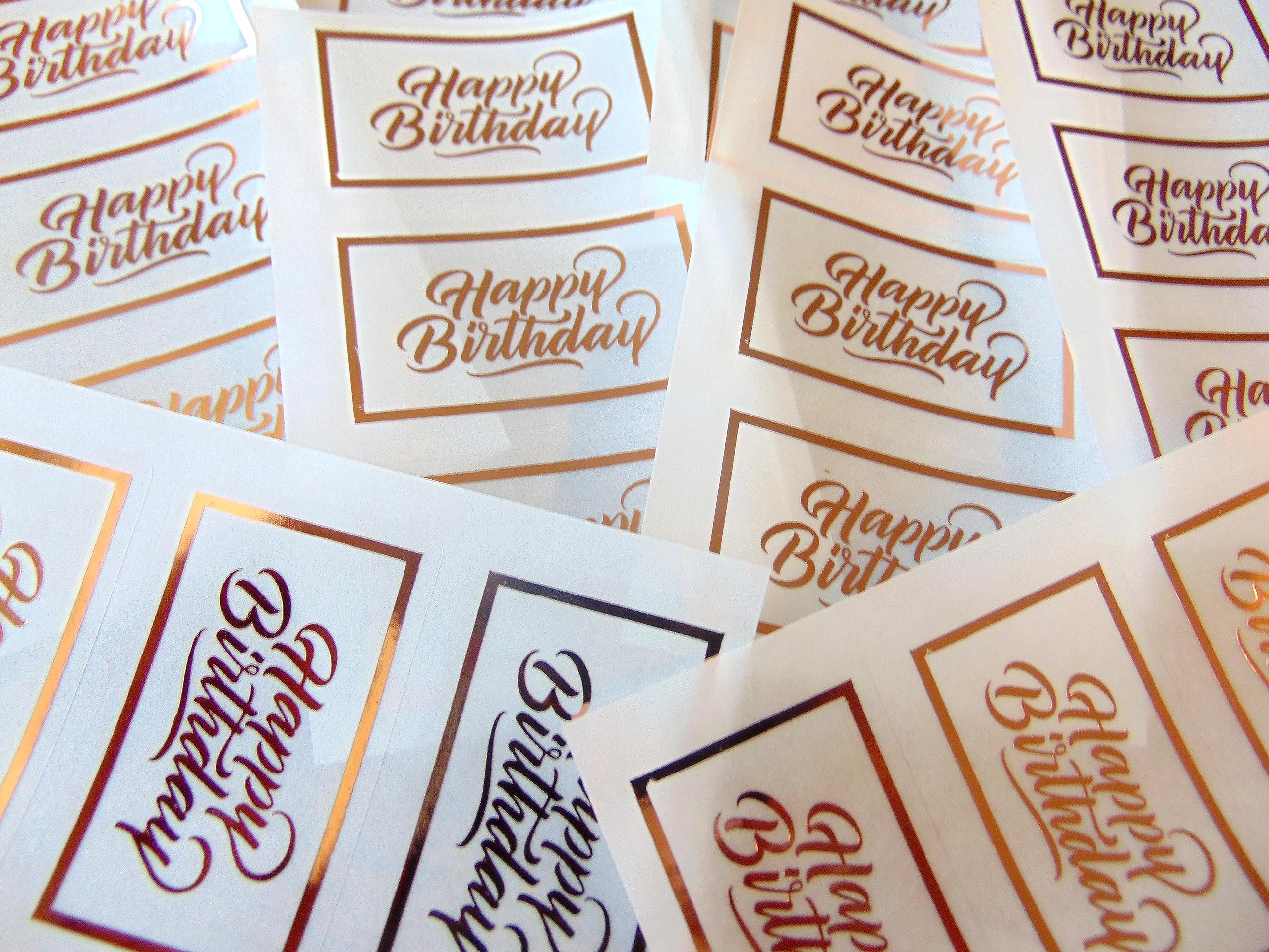 Paquete de 24 pegatinas de feliz cumpleaños, lámina de cobre de oro rosa sobre transparente, etiquetas adhesivas para tarjetas, manualidades y decoración