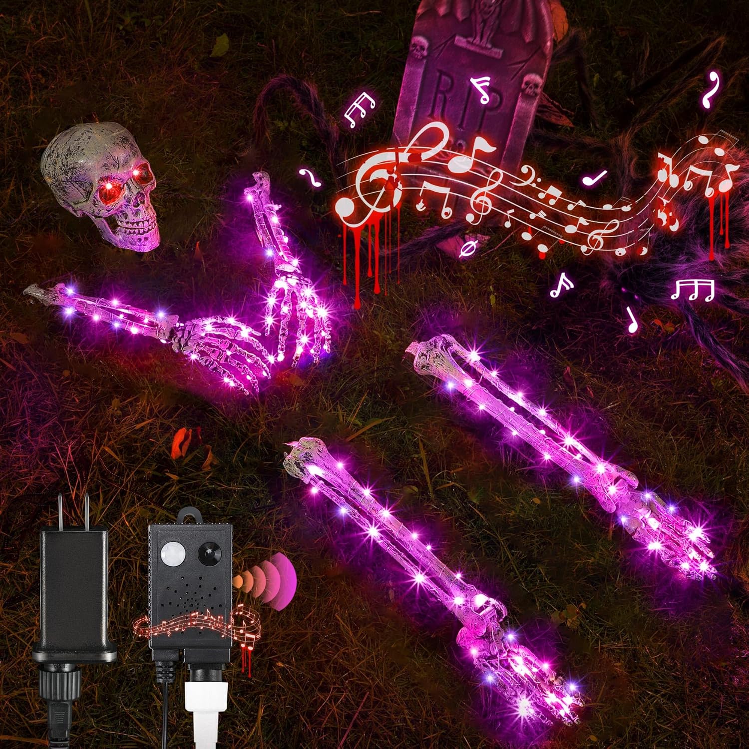 Enhon Halloween Skeleton Yard Decoration, Graveyard Decorations with 6 Modes Music Sync Spooky Sounds, Lighted Skeleton Arm Stakes, Life Size Groundbreaker for Lawn (Purple)