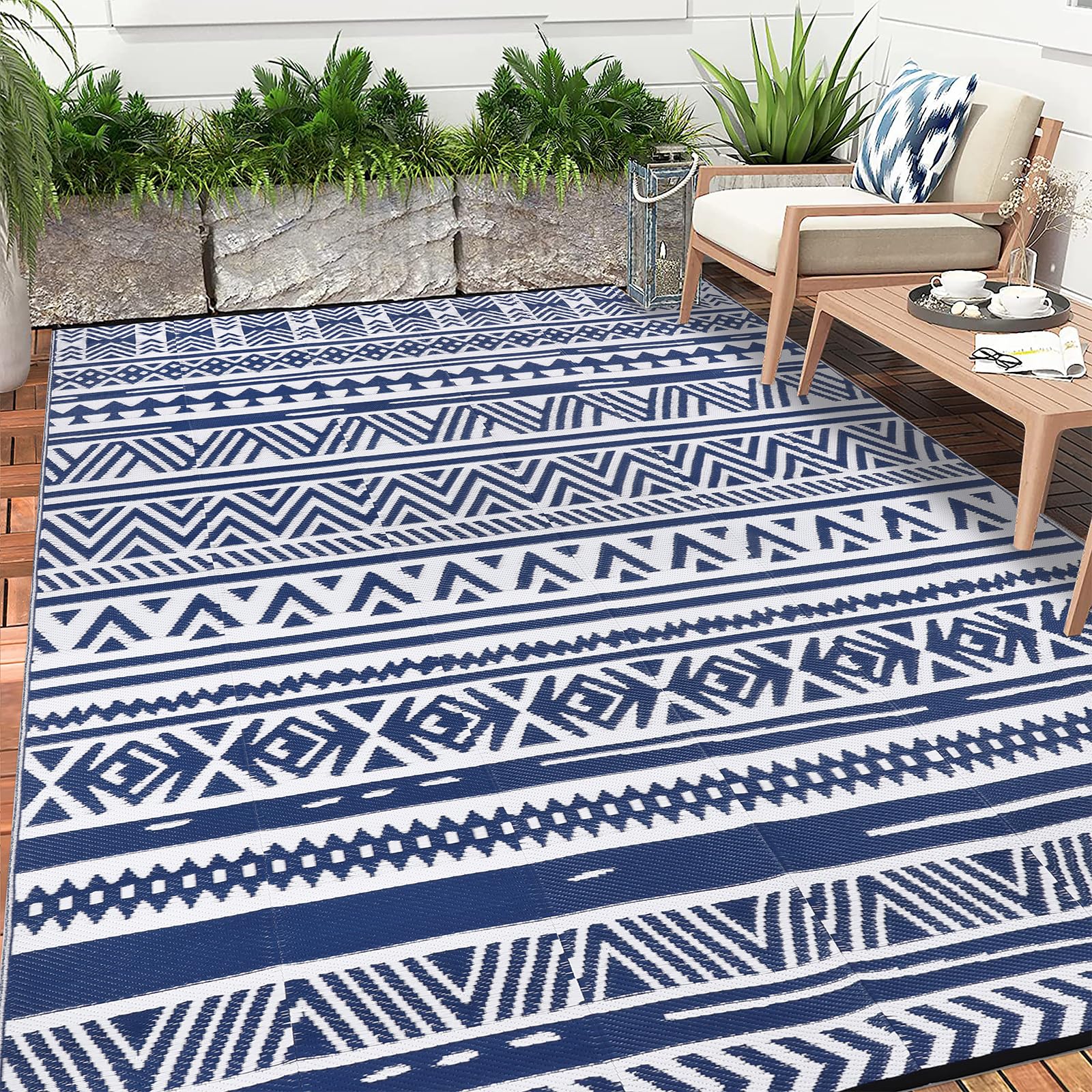 Enyhom Tapis D'extérieur Réversible 240 x 300 cm, Bleu Plastique Durable Résistant aux UV Tapis de Camping pour Camping-Car