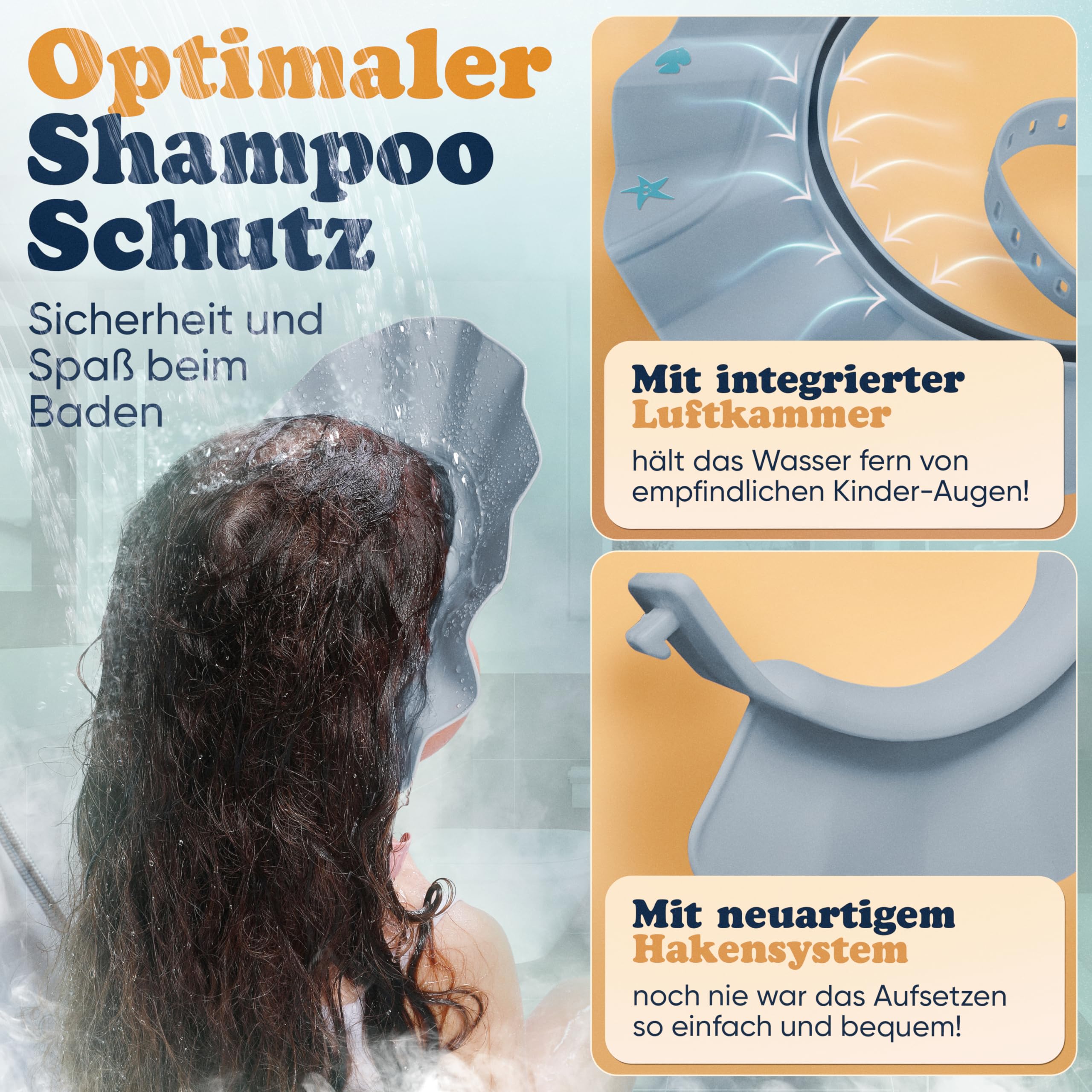 Cuffia da doccia per bambini – blu – estremamente impermeabile e piacevole comfort – aiuto per lavare i capelli bambini con tecnologia di chiusura extra leggera