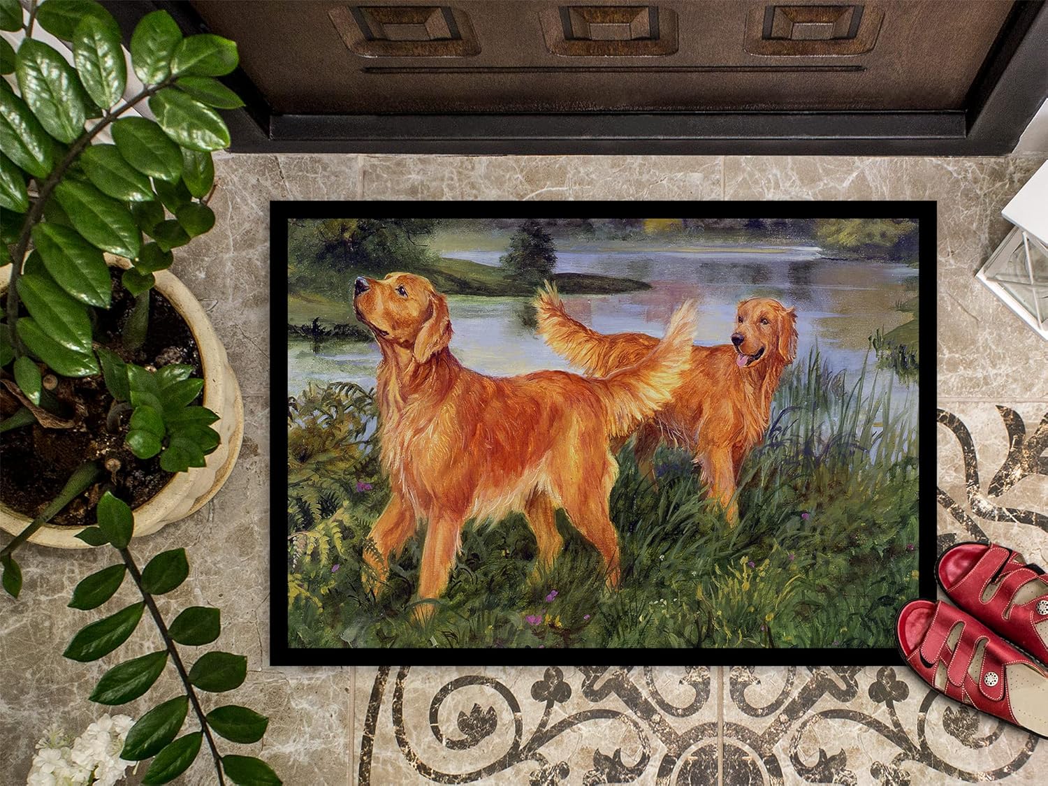 Caroline's Treasures HEH0098JMAT Golden Retrievers Doormat 24x36 Front Door Mat Indoor Outdoor Rugs for Entryway, Non Slip Washable Low Pile, 24H X 36W