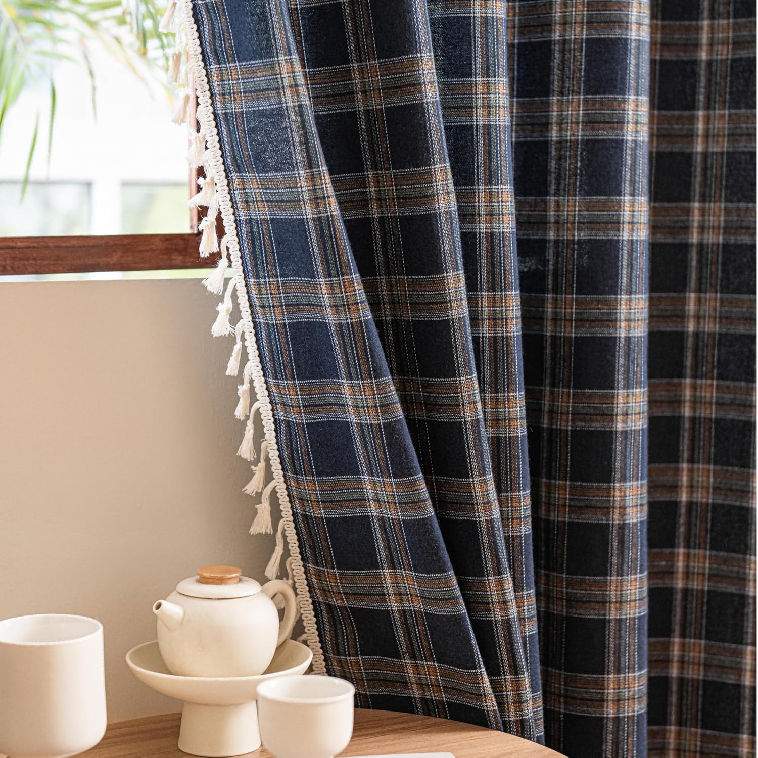 Plaid Curtains 84 Inch Length 2 Panels, Farmhouse Window Curtains Light Filtering with Tassel Trim, Rustic Tartan Drapes for Living Room Bedroom, Blue