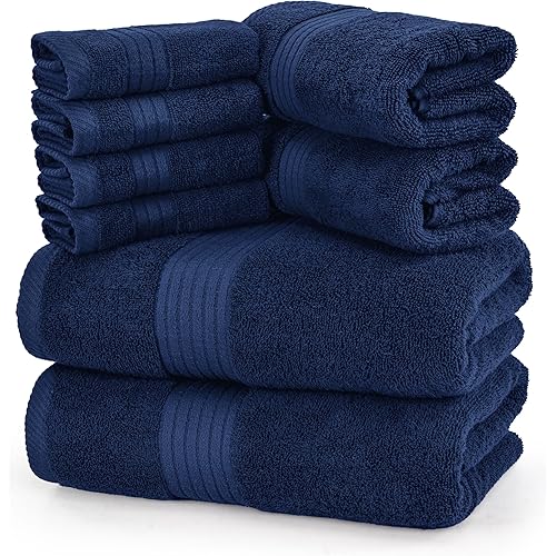 Utopia Towels 8 Piece Premium Towel Set, 2 Bath, 2 Hand, and 4 Washcloths, 100% Ring Spun Cotton, Highly Absorbent Towels for Bathroom, Sports, and Hotel, Navy