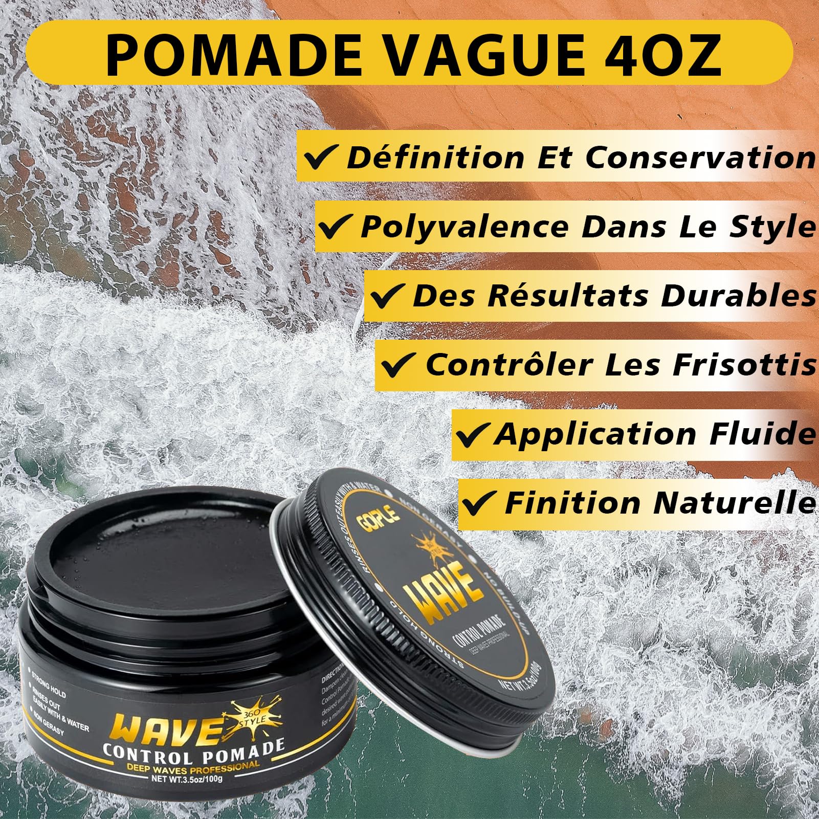 360 Wave Pomade Pommade Ondulée Pour Hommes, Tenue Forte, Lavage Facile, Crème Capillaire d'Entraînement à 360 Vagues, Graisse Ondulée Pour Hommes