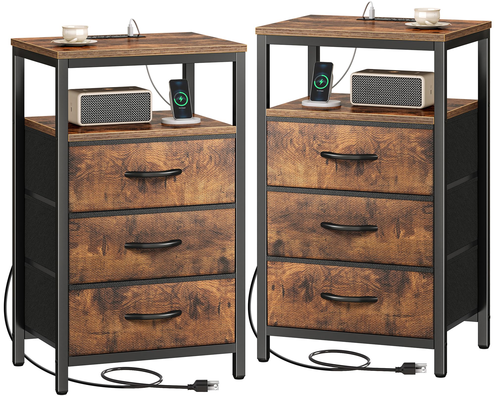 Huuger Nightstands Set of 2, 27.6 Inch End Tables with Charging Station, Fabric Drawers, Bedside Tables with USB Port and Outlet, Night Stands for Bedroom, Rustic Brown