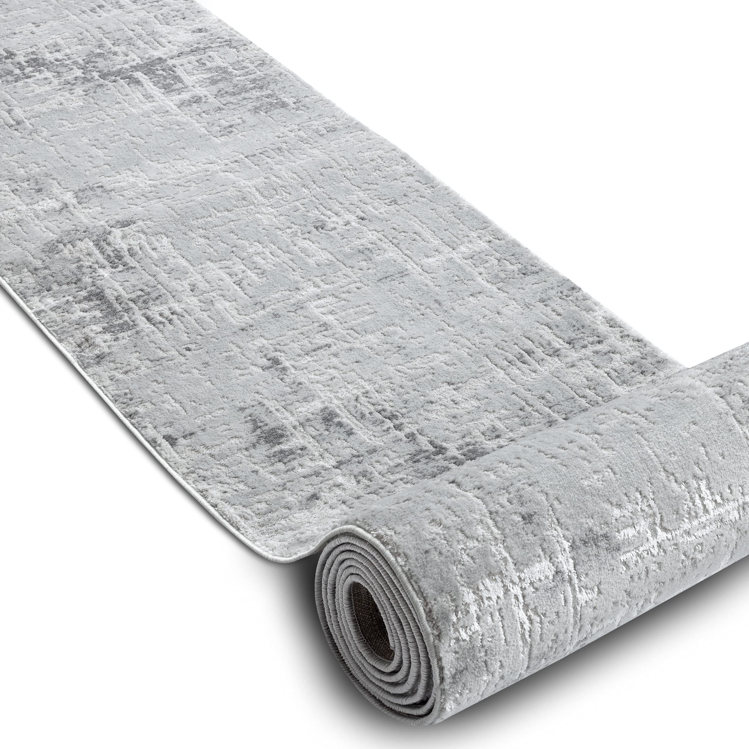 rugsx Nowoczesny chodnik MEFE, bieżnik strukturalny - dwa poziomy z włókniny szaro-biały 90 x 1300 cm