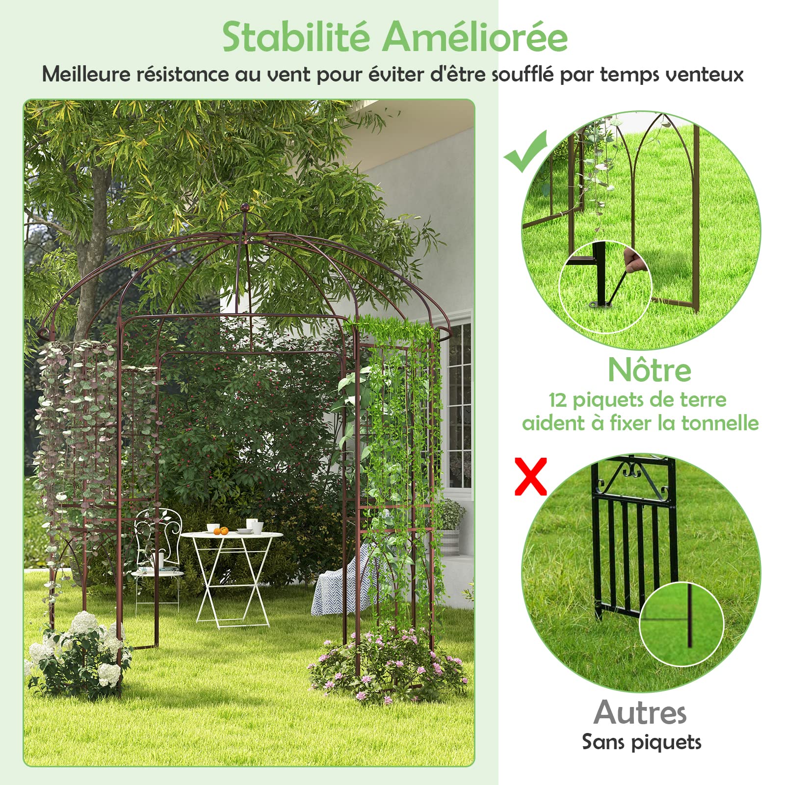 RELAX4LIFE Arche de Jardin en Métal pour Plantes Grimpantes, Voûte de Jardin en Forme de Cage à Oiseaux avec 8 Tubes de Pieds, pour Mariage/Commémoration/Fête d'anniversaire, 211X211X256CM, Bronze