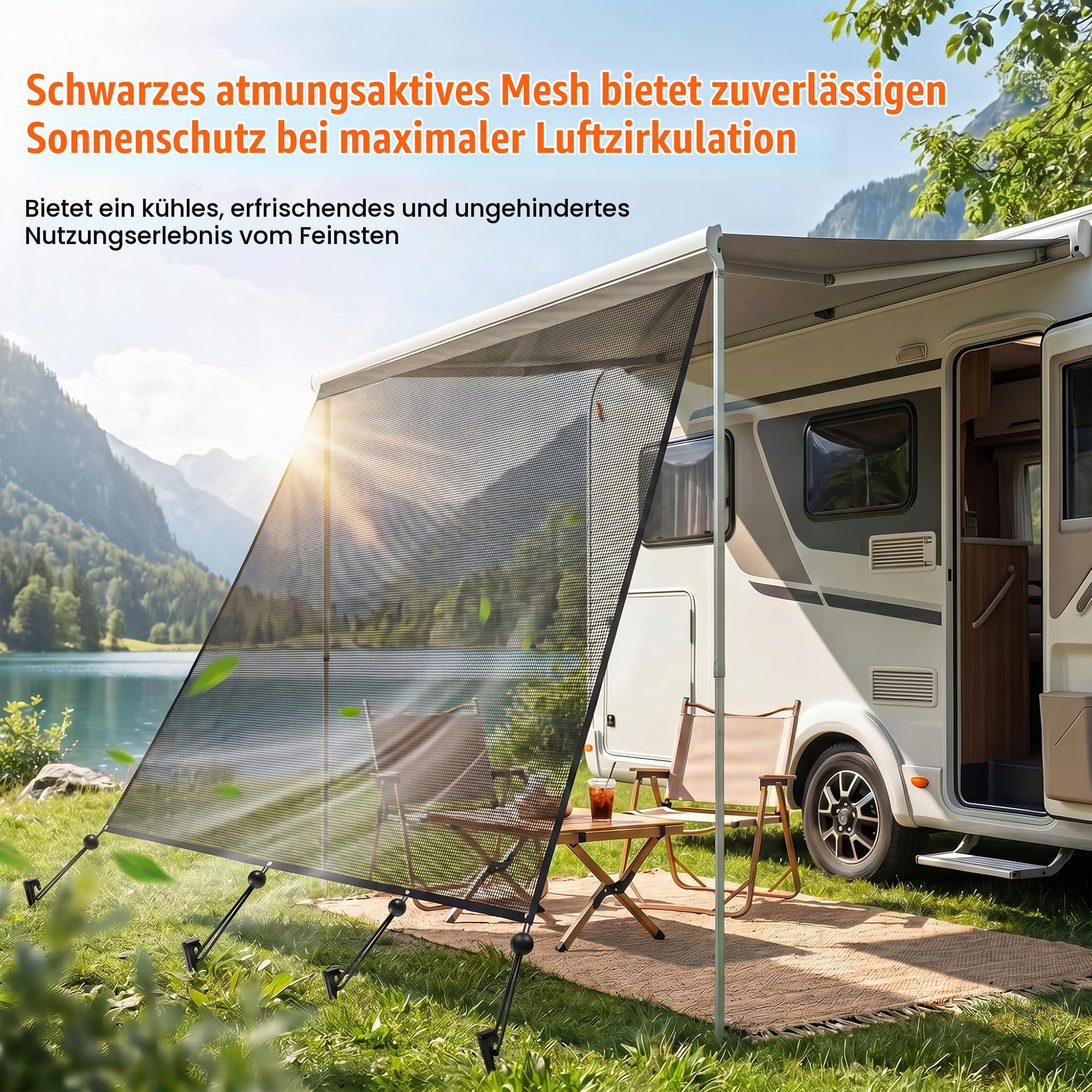 Markise Wohnwagen 246x335cm,Sichtschutz Frontseite mit Sonnensegel | Zuverlässiger UV- und Regenschutz, Auto Markise Einfache Montage mit Befestigungsset, Passend für Wohnmobile und Anhänger