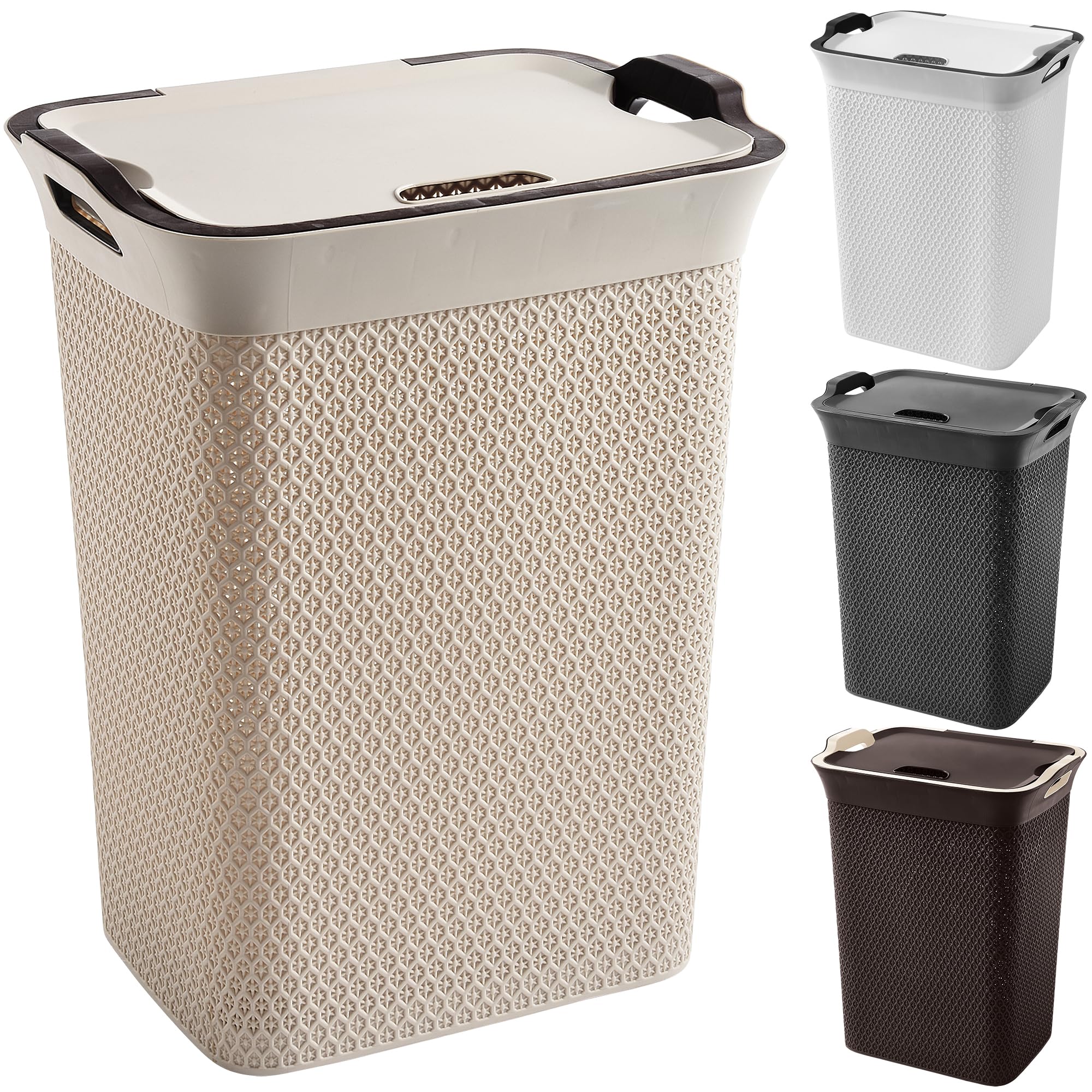 Plastic Laundry Basket with Lid | Large 65 Litre Laundry Hamper Storage Washing Basket | Dirty Clothes Baskets with Handles | Laundry Basket Bin for Bathroom Bedroom (Mocha)