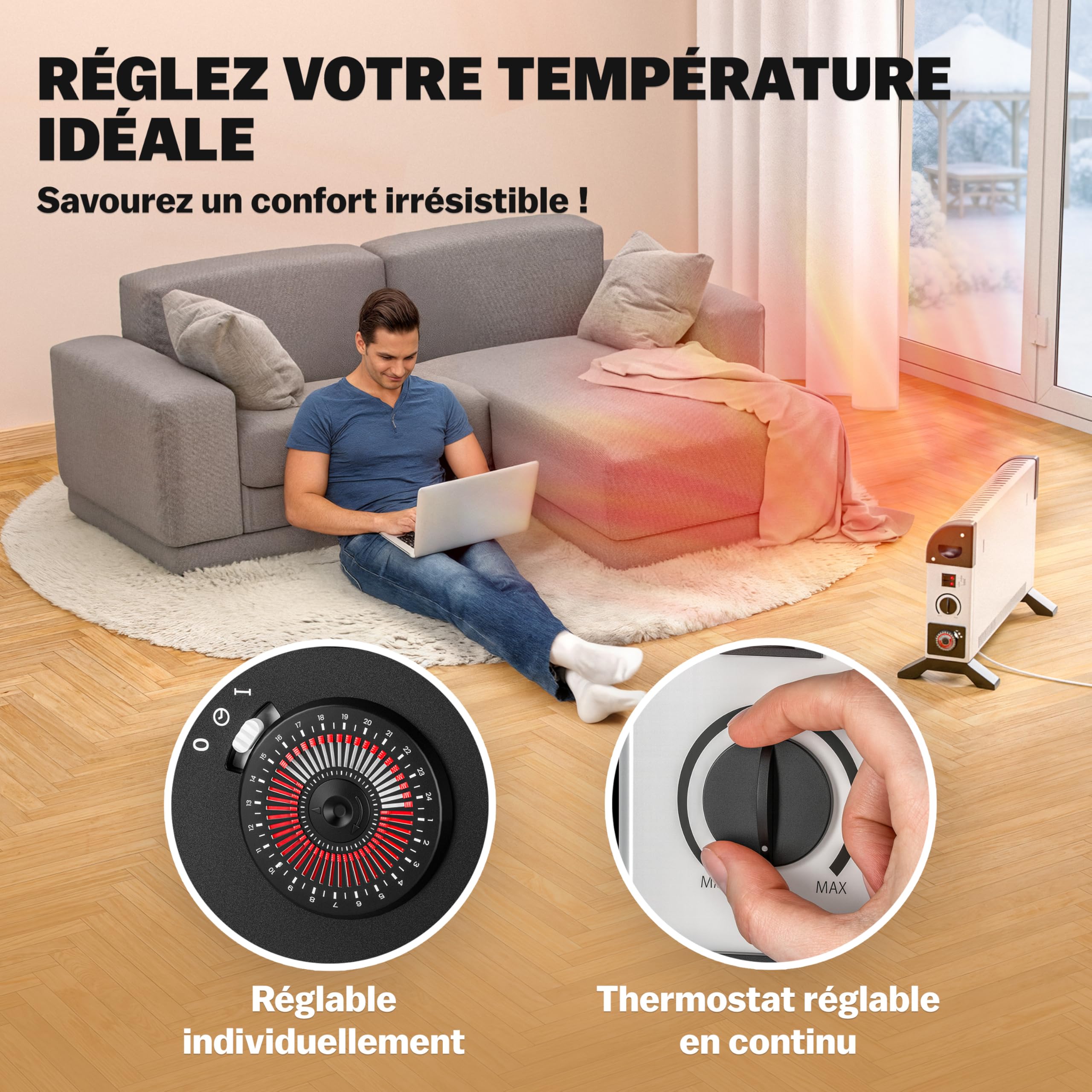 MONZANA® Convecteur électrique 2000W chauffage d'appoint minuteur 24h 3 niveaux de chauffage thermostat radiateur électrique mobile pied