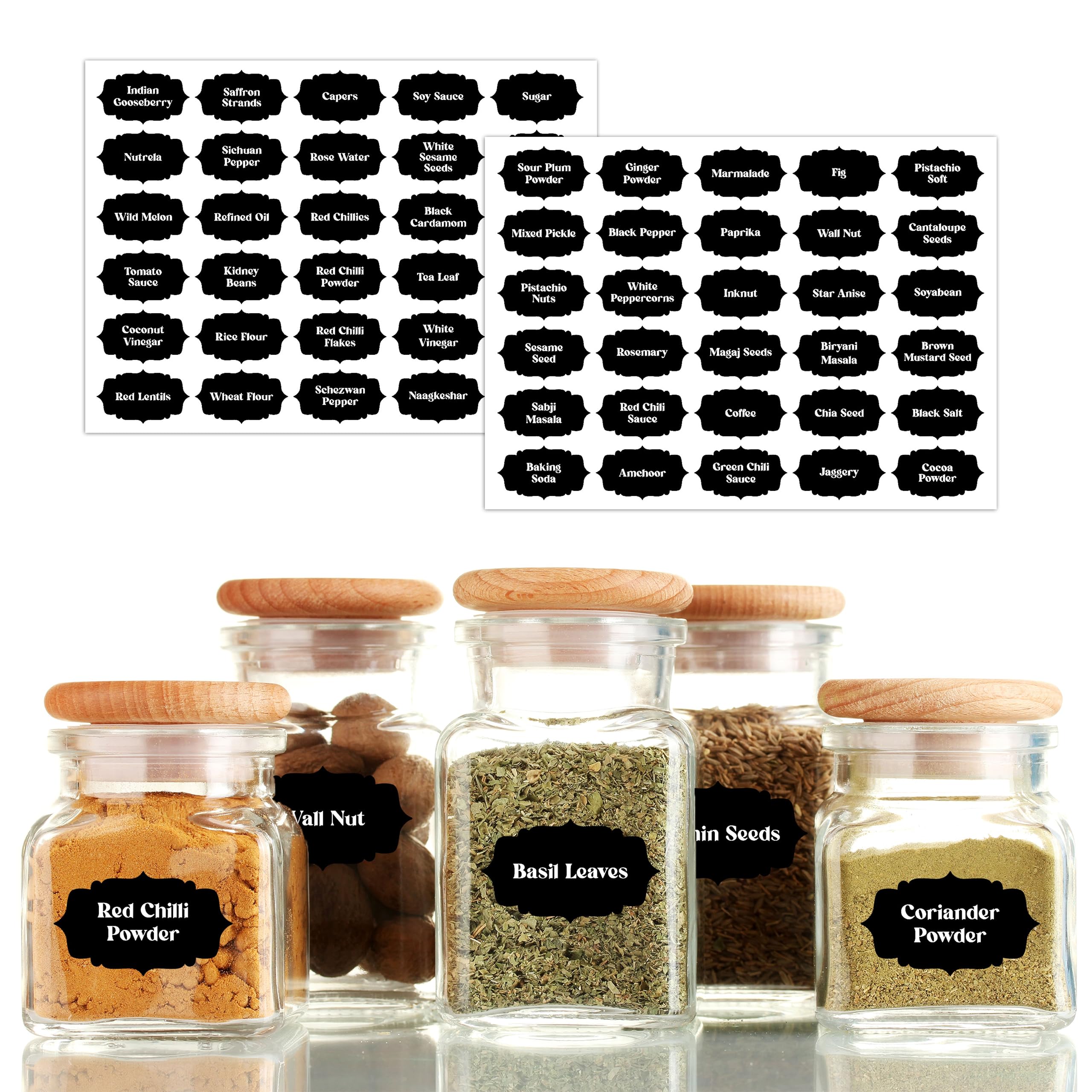 CLICKEDIN Label Set, Black Text on White Vinyl Waterproof Label Sticker with Removable Adhesive - Fits on Round, Square and Rectangle Glass Jars (Design 7,150 Pcs)