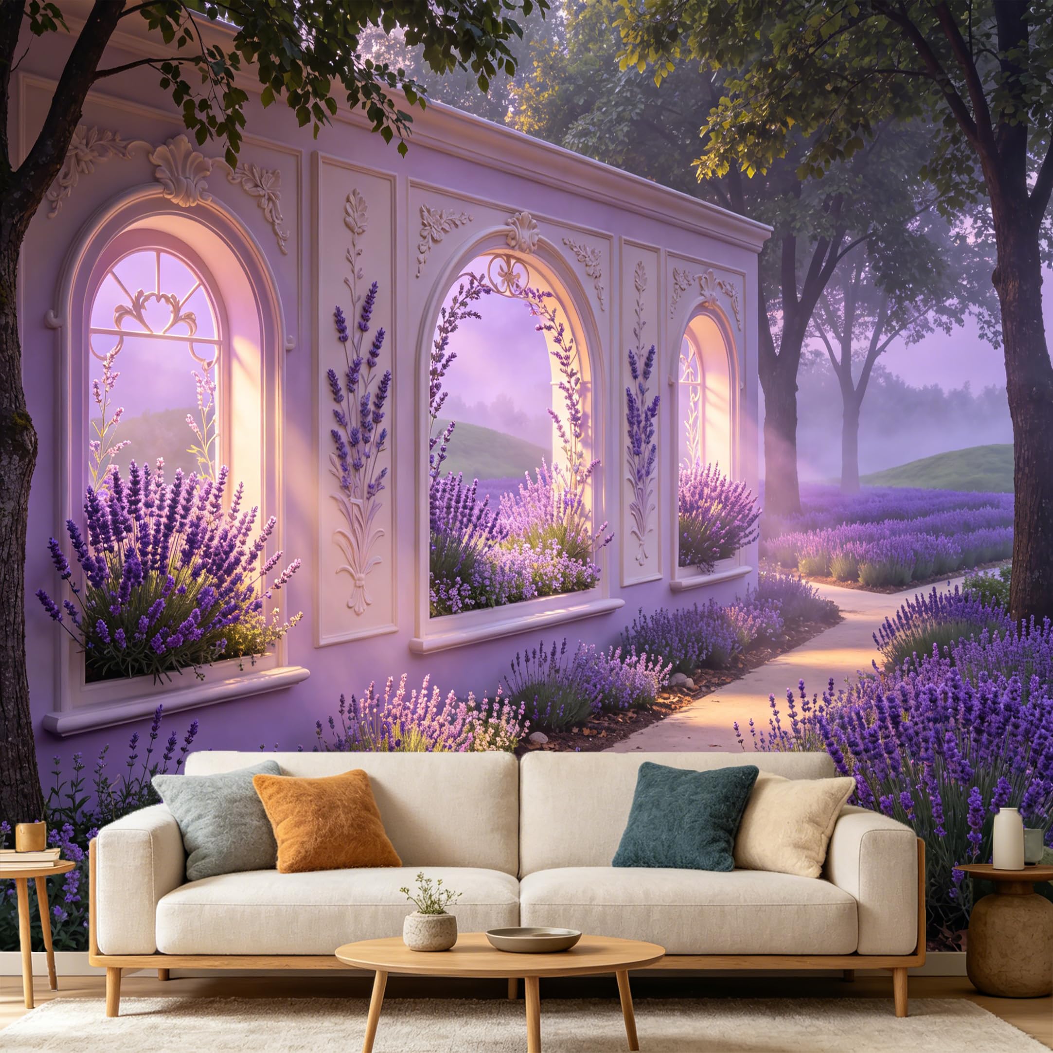 Custom Size Wall Mural， 3D Trompe L'Oeil Lavender Field Archway Scenery， SelfAdhesive Art Prints wall Fabric Removable Large Wallpaper Home Living Room Decor
