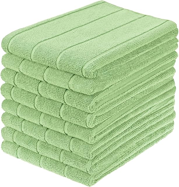 gryeer Microfibre Tea Towels, Super Absorbent, Extra Large and Thick Kitchen Towels, Stripe Designed, 50 x 70 cm, Pack of 8, Green