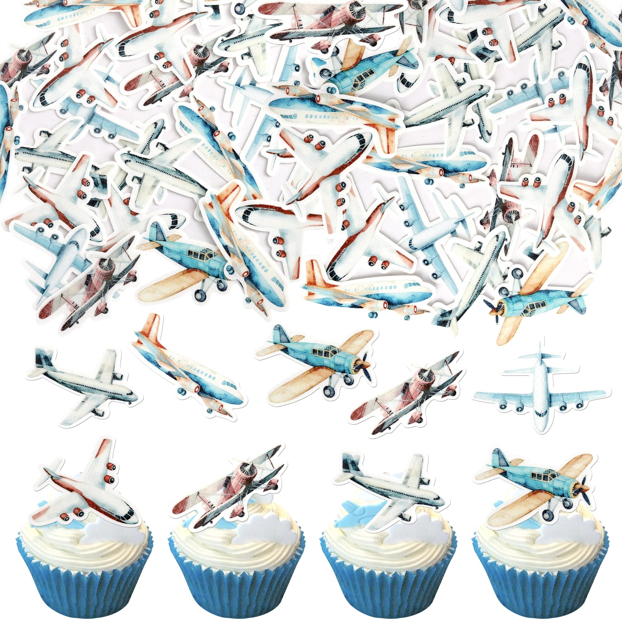 60 Pack Edible Airplane Cupcake Toppers Glitter Plane Theme Water Paper Cupcake Picks for Baby Shower Aviation Fighter Theme Birthday Party Cake