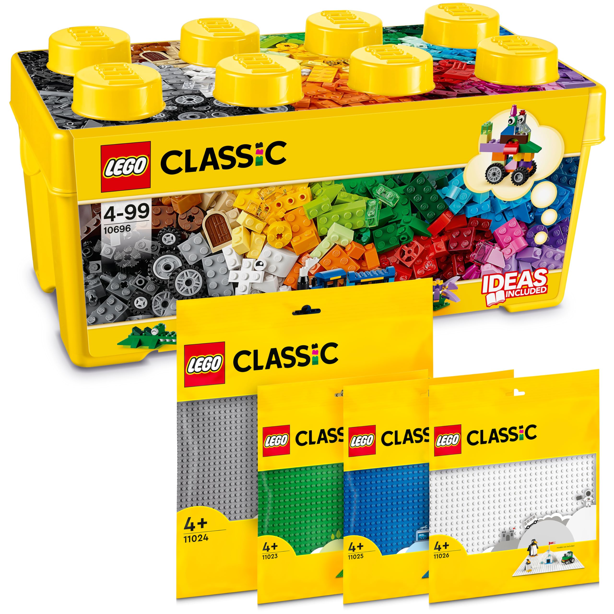 LEGO Classic Medium Building Blocks Box + Plates Green, Blue, White and Grey, Starter Set