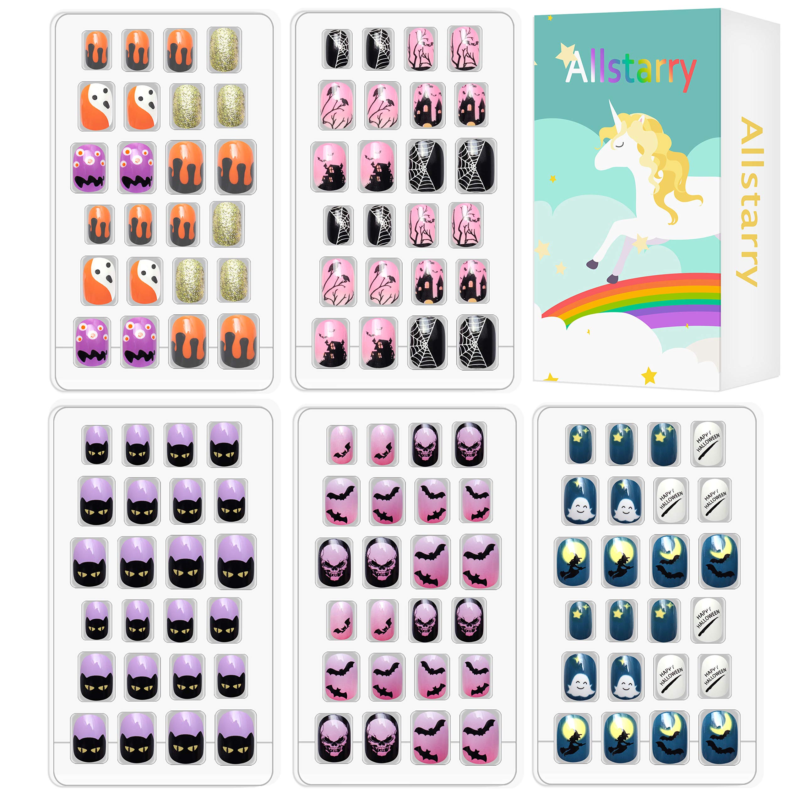 Allstarry Kids Halloween Nails, 120pcs 5pack Children Press on Nails Pre-glue Full Cover Glitter Gradient Color Rainbow Short False Nail Kits