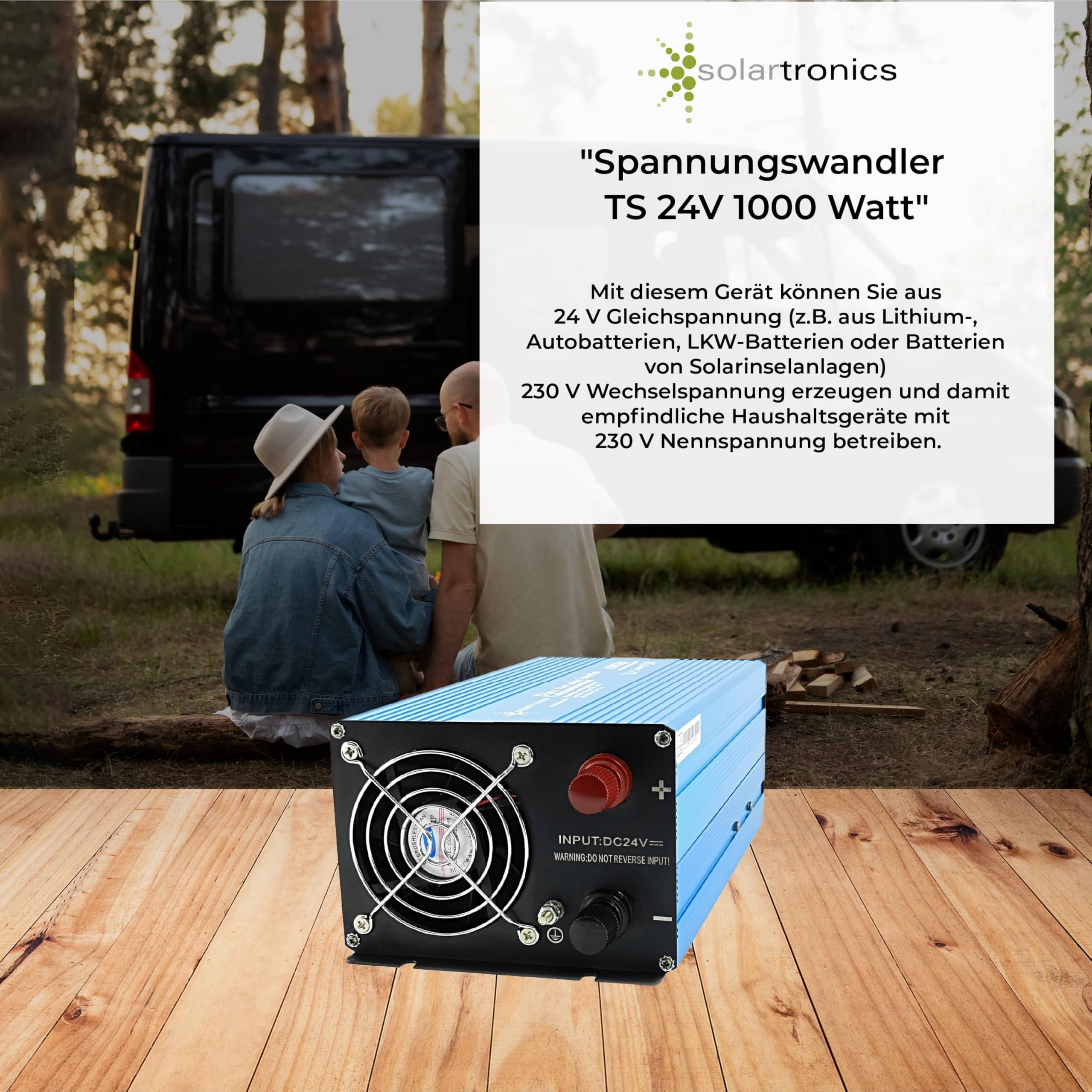 SOLARTRONICS TS1000 Spannungswandler 24V 230V 1000/2000 Watt Reiner Sinus blau Solar Inverter 24V auf 220V Wechselrichter Umrichter USB AC Steckdose