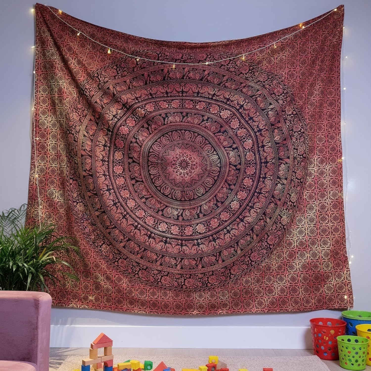 Craft Trade Indian Cotton Mandala Wall Hanging Tapestry for Aesthetic Boho Hippie Living Room, Meditation & Bedroom Décor - Orange - 84x90 Inches