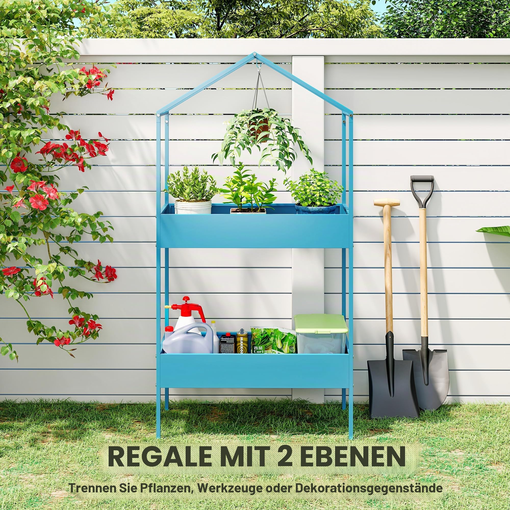 Outsunny Pflanzenregal mit 2 Ebenen, Pflanzenhalter aus Metall mit Haken, Pflanzenhalter in Form eines Hauses für Garten, Terrasse, Balkon, Wohnzimmer, blau-grün
