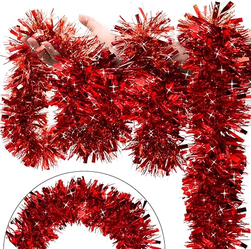 Miniatura 1 de Guirnalda de oropel de Navidad roja de 50 pies  Guirnalda metálica de oropel giratorio para decoración de árbol de Navidad, decoración de árbol de