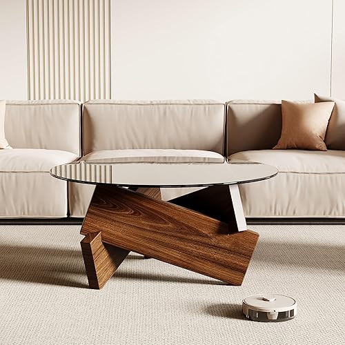 Miniatura 5 de Honyee Mesa de centro redonda moderna, 30.7 "x 30.7" x 16.1" tapa de vidrio templado para sala de estar, color nogal