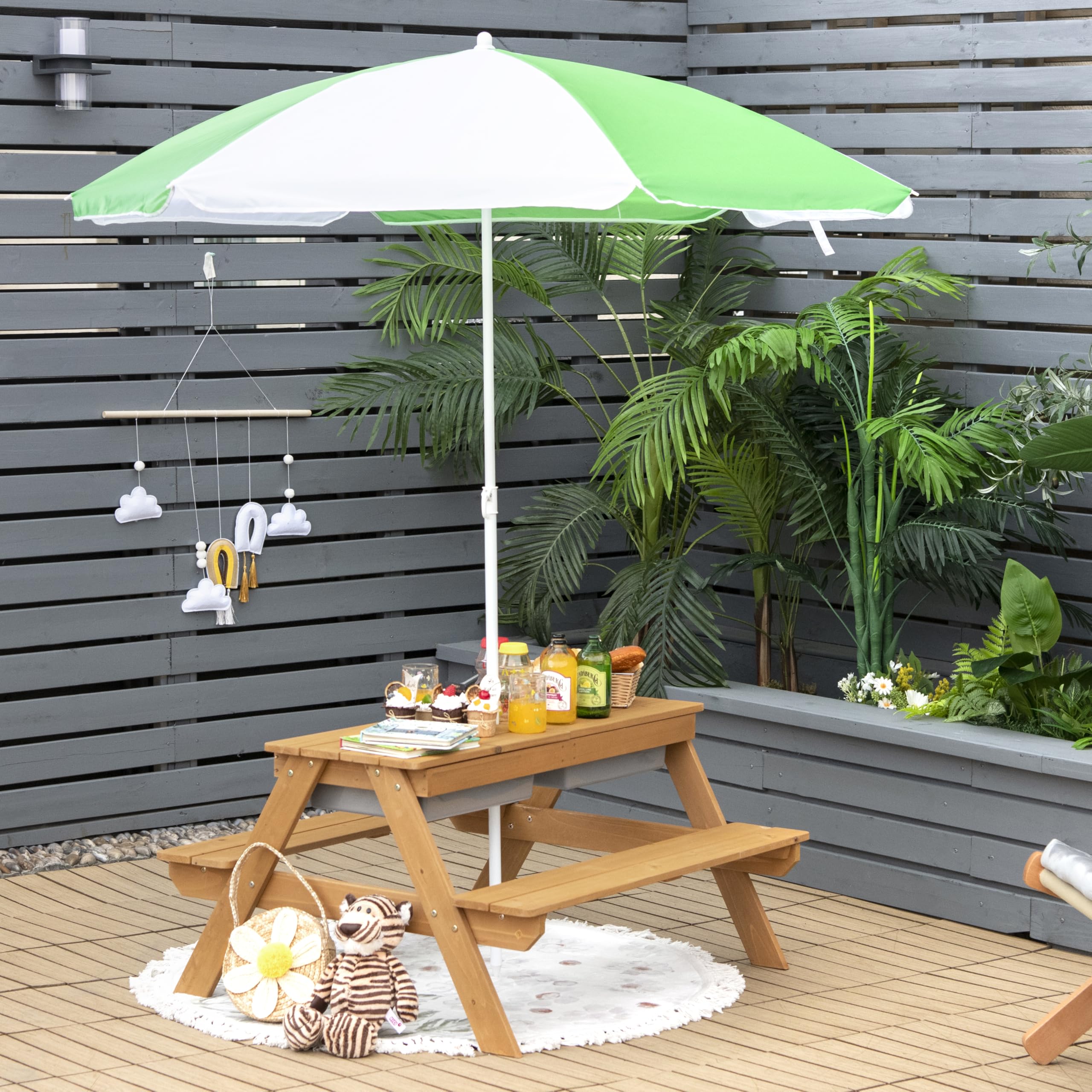 SOARS 3-in-1 Set Tavolo Picnic per Bambini, con Ombrellone Regolabile e 2 Vaschette da Gioco, Panche per Bambini in Legno di Abete, Giochi Esterno da Giardino e Parco, 187 cm (Verde + Giallo)