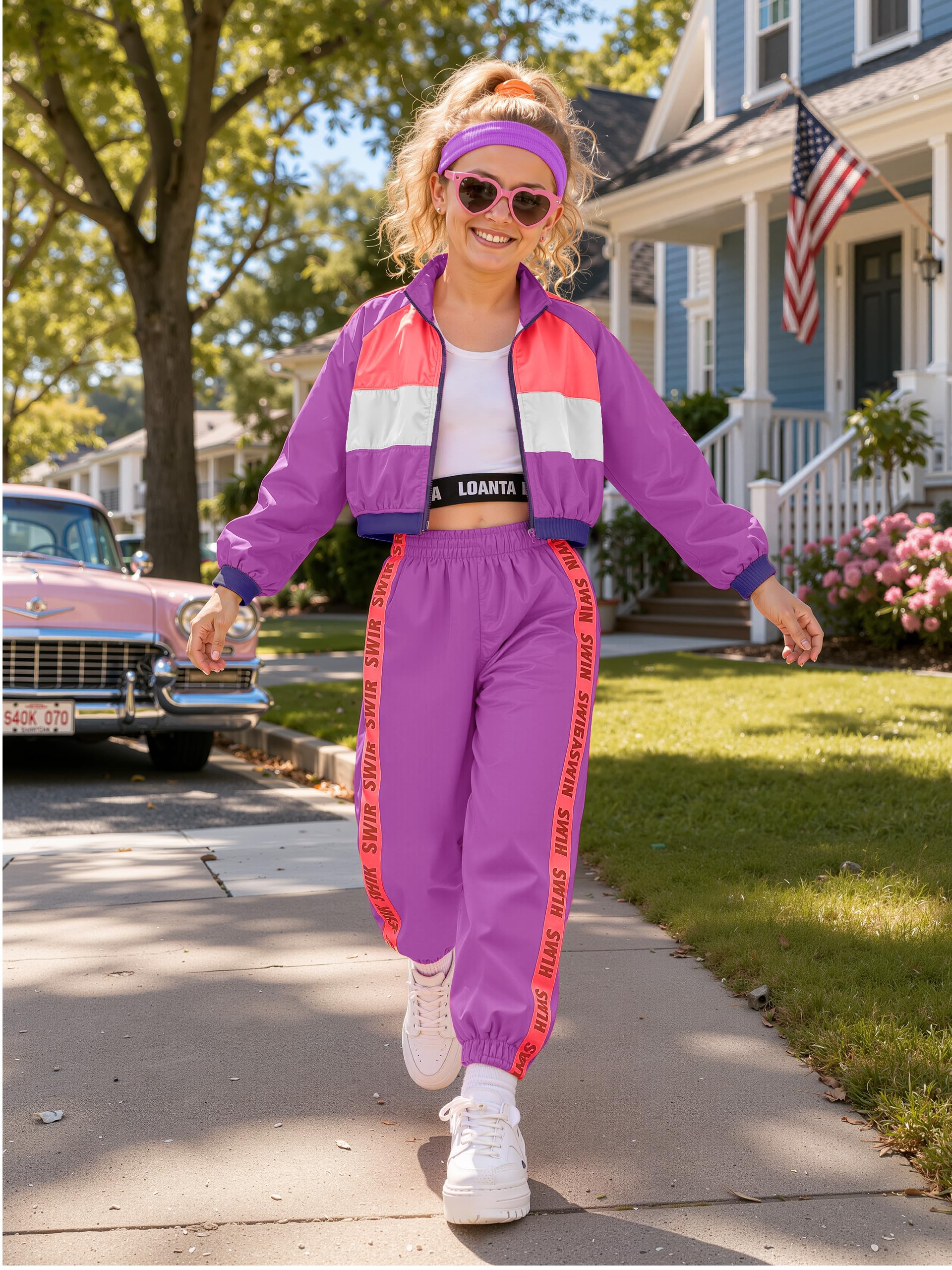 LOLANTA Conjunto de 3 piezas de ropa de hip hop para niñas, chándal retro de los años 80, camiseta sin mangas corta, chaqueta con cremallera y pantalones deportivos de 4 a 13 años