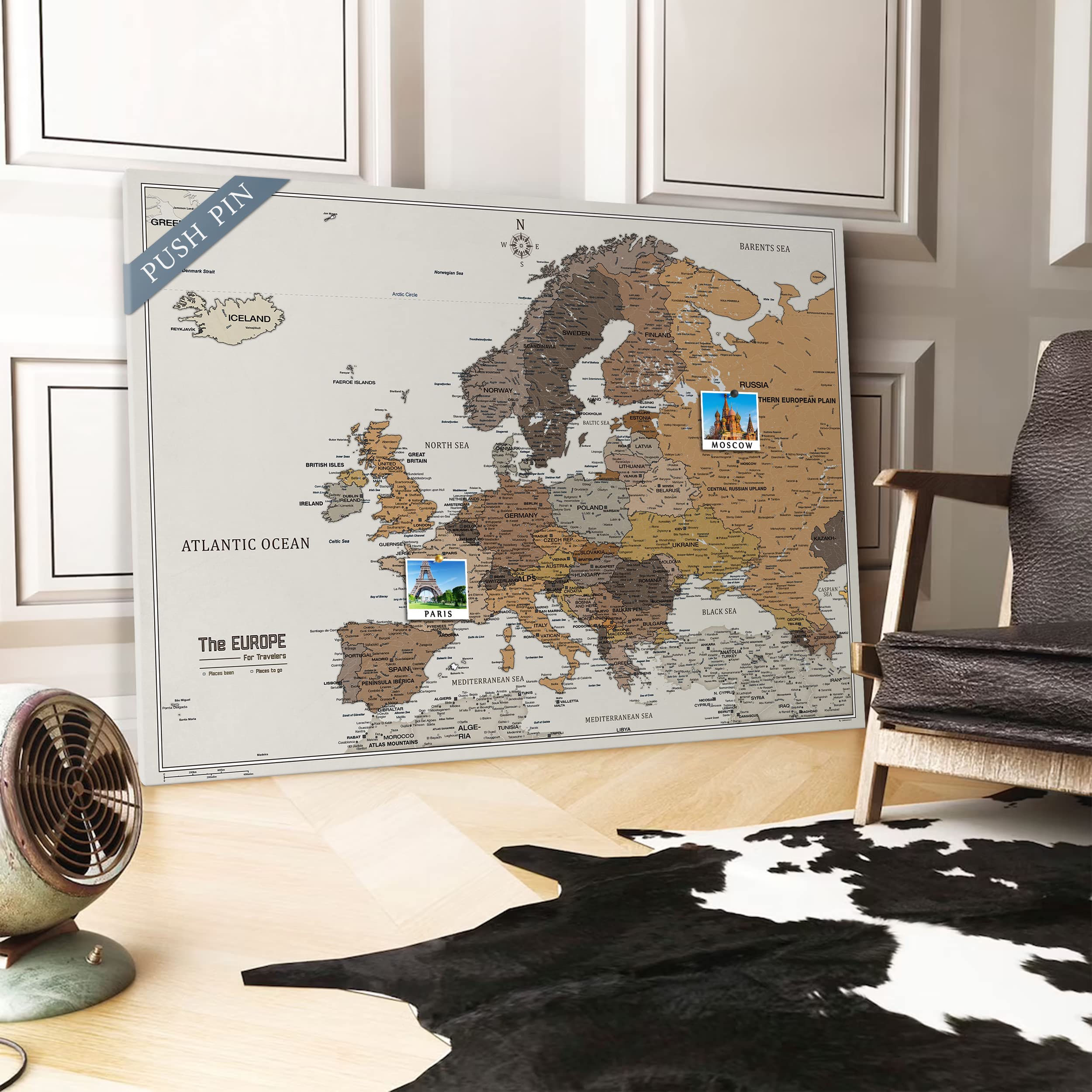 Płócienna mapa Europy z korkiem do przypinania celów podróżnych, dekoracja ścienna do każdego pomieszczenia, wysokiej jakości obrazy na płótnie z mapą Europy, w różnych rozmiarach (55 x 40 cm, wzór 4)