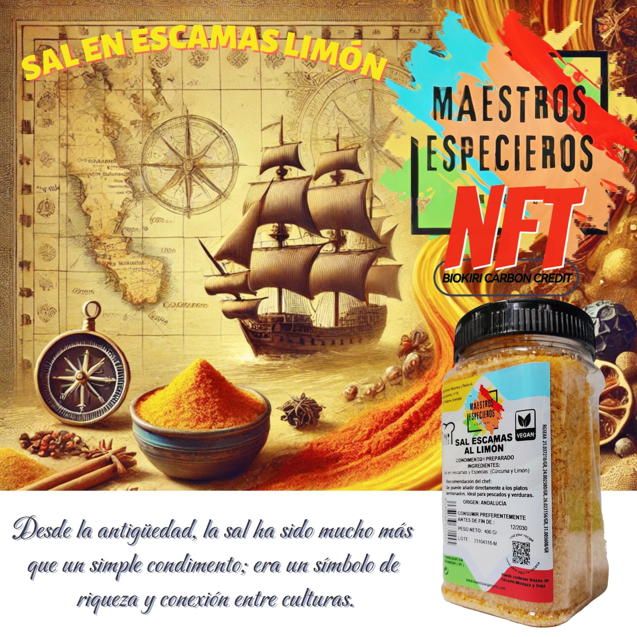 Sal en Escamas con Limón y Cúrcuma 400g – Maestros Especieros Gourmet Artesanal de Origen Andalucía – Sabor Intenso y Natural – Toque Exótico para tus Platos