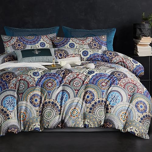 MorroMorn Juego de funda de edredón bohemio de 3 piezas tamaño Queen, estético, shabby chic, hippie, retro, rústico, suave, ligero, azul marino