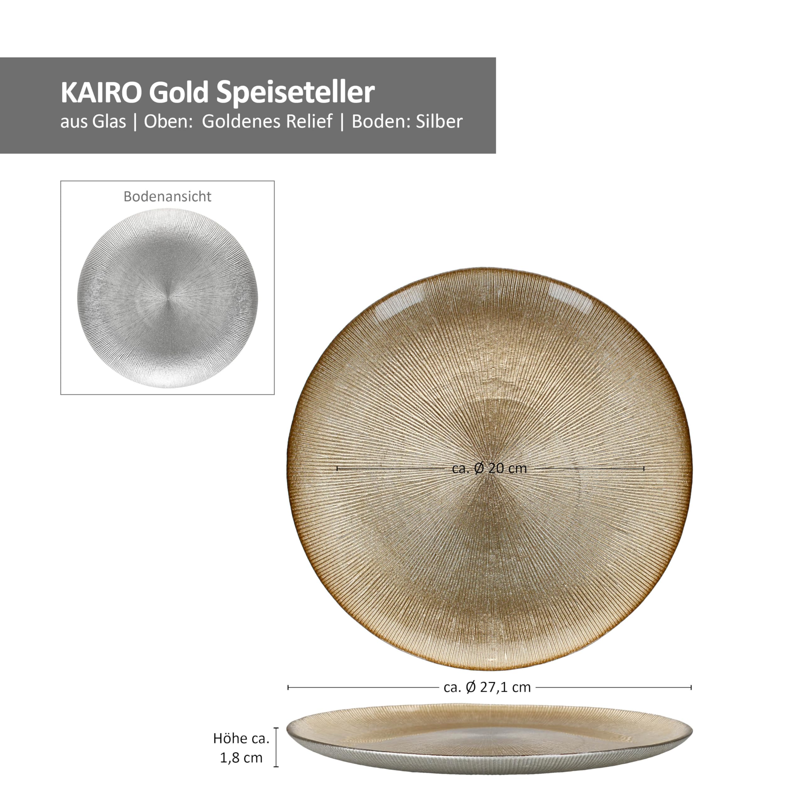 MamboCat Lot de 6 assiettes plates Kairo Gold - Élégantes assiettes en verre avec relief doré pour 6 personnes - Repas principal - Plat à apéritif - Noël